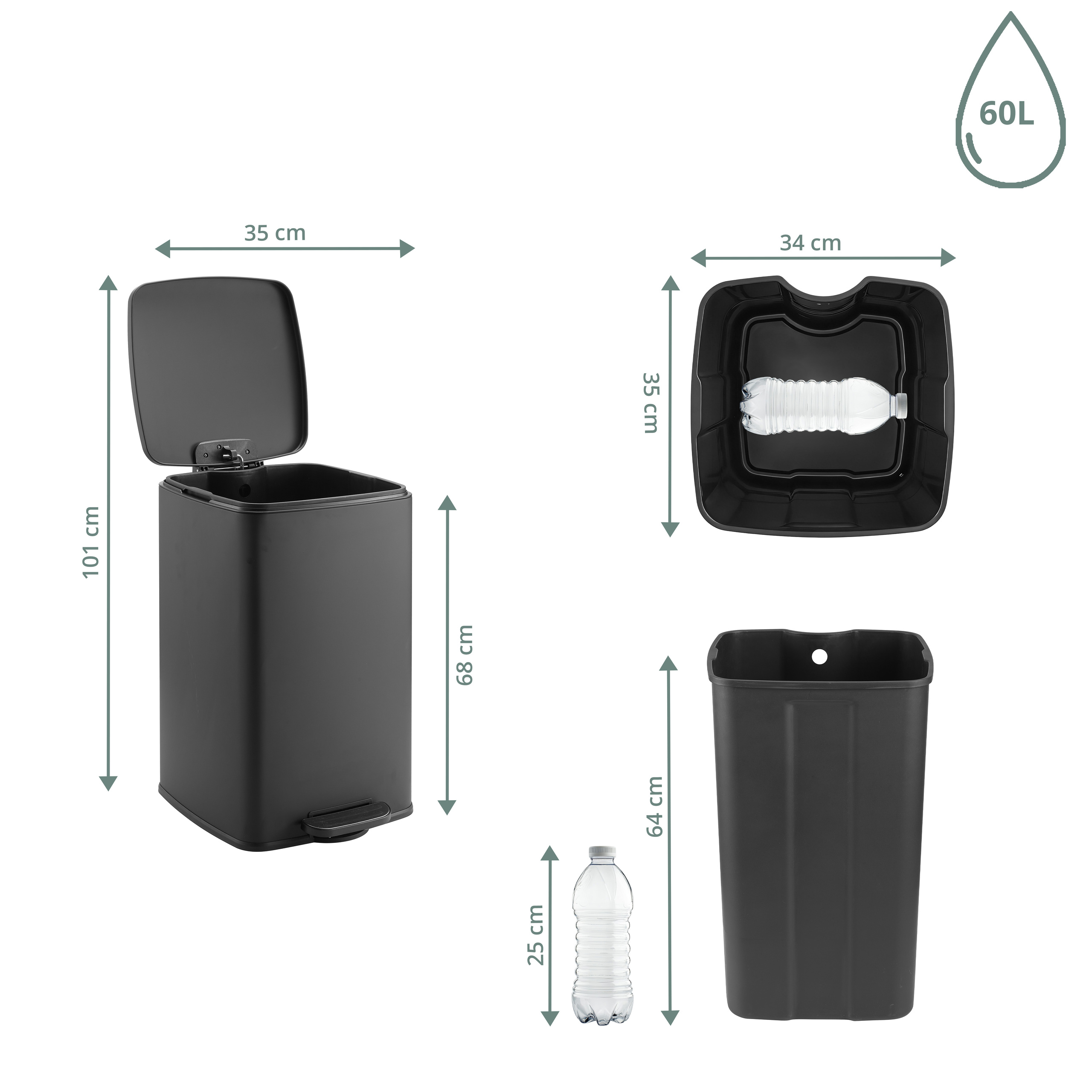 Schwarzer 60L Mülleimer mit Pedal, Maße und Flasche zum Größenvergleich.