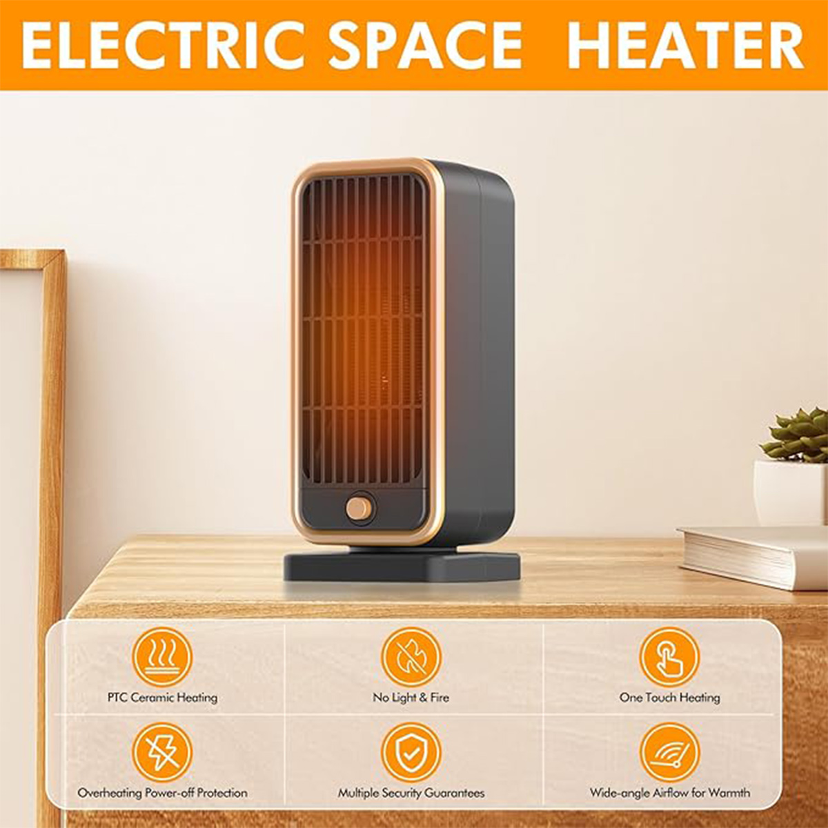 Ein elektrischer Raumheizer mit goldenem Rand und Grillelementen steht auf einem Tisch vor einer weißen Wand.