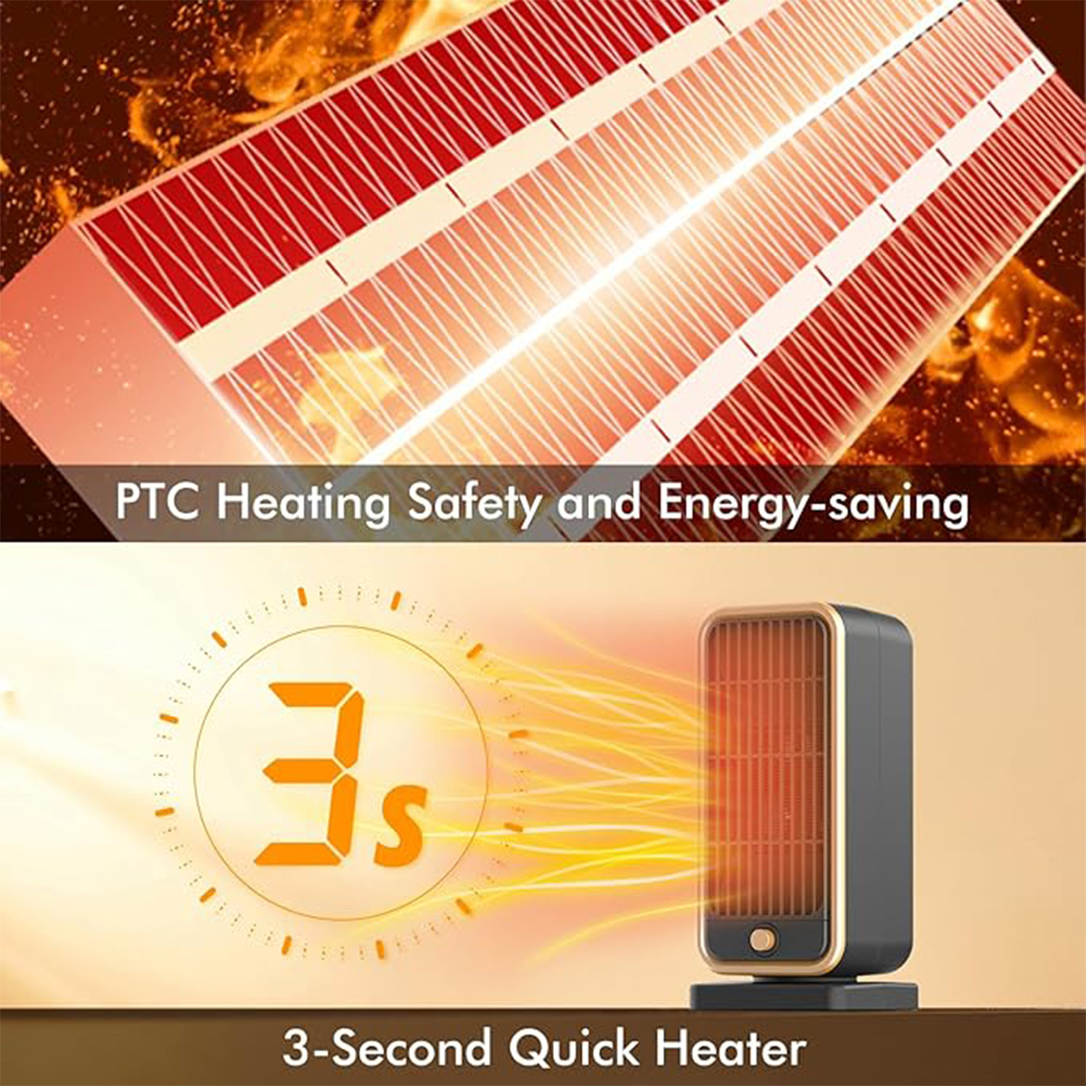Ein PTC-Heizlüfter mit 3 Sekunden Schnellheizung, energiesparendem Design und Sicherheitsfunktionen.