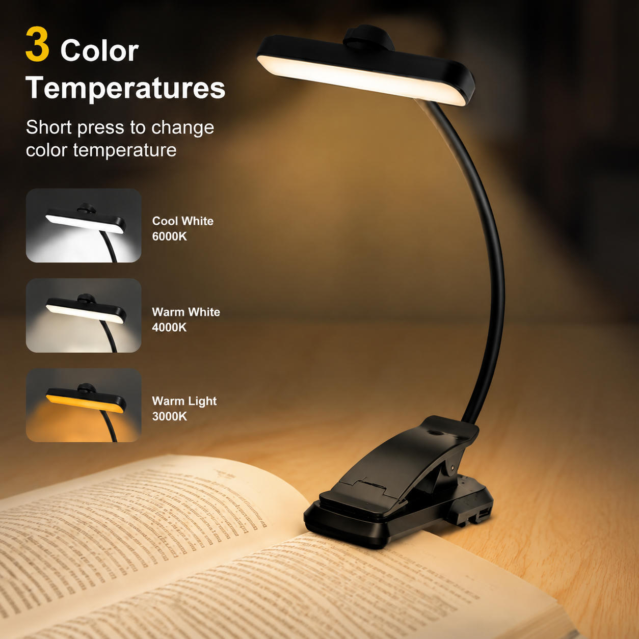 Eine schwarze LED-Buchlampe mit Klemme beleuchtet ein offenes Buch; kleine Bilder zeigen drei Farbtemperaturen.
