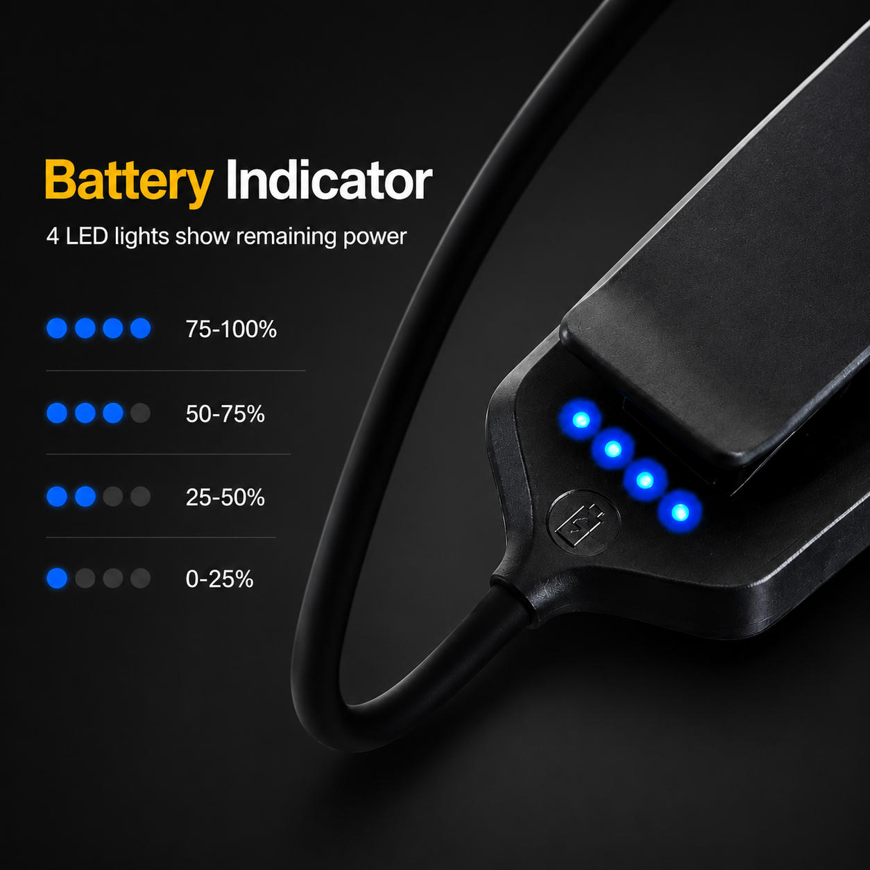 Akkuanzeige mit vier blauen LEDs, die verschiedene Leistungsstufen anzeigen.