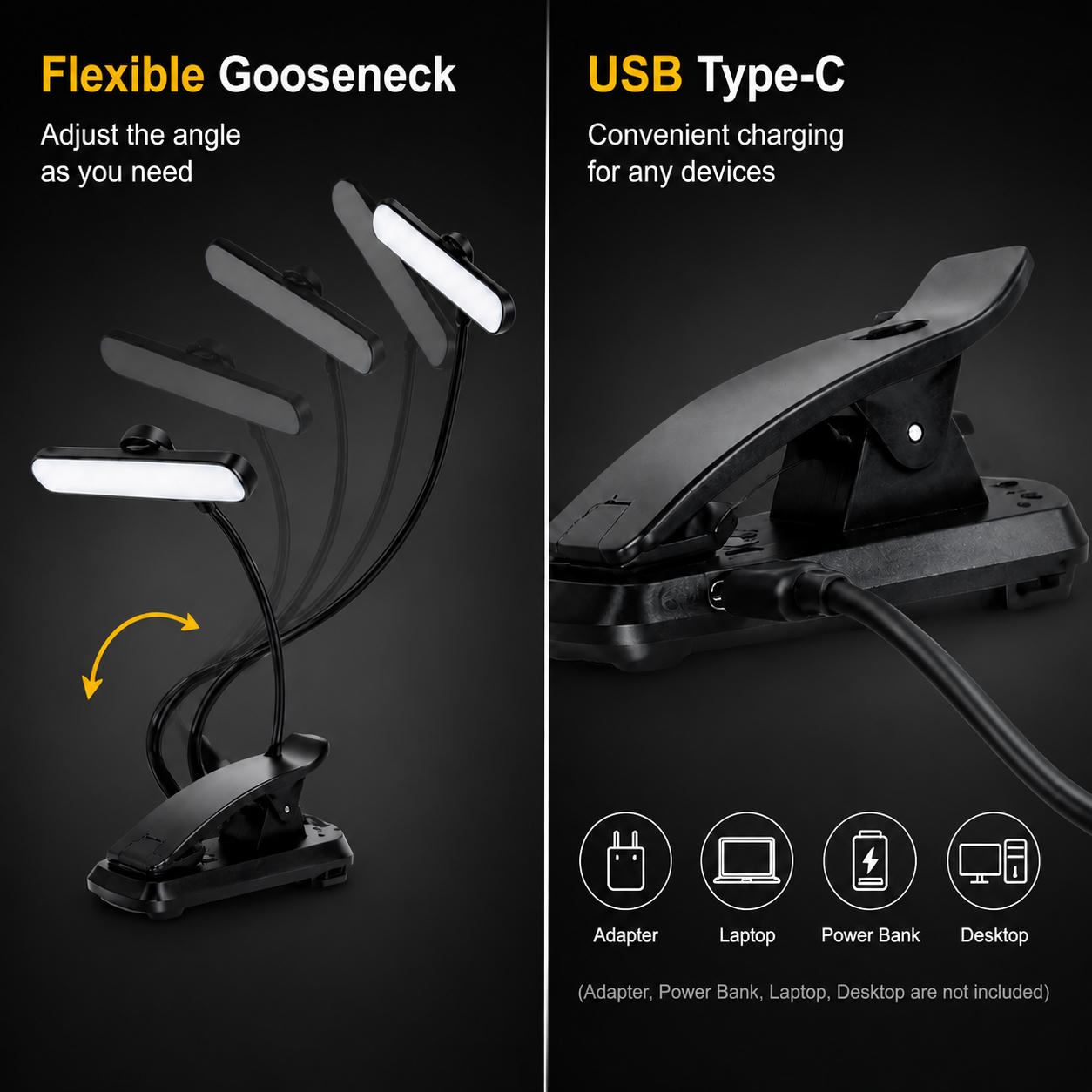 Eine schwarze Klemm-LED-Schreibtischleuchte mit flexiblem Schwanenhals und USB-C-Ladefunktion sowie Adapter-Symbolen.