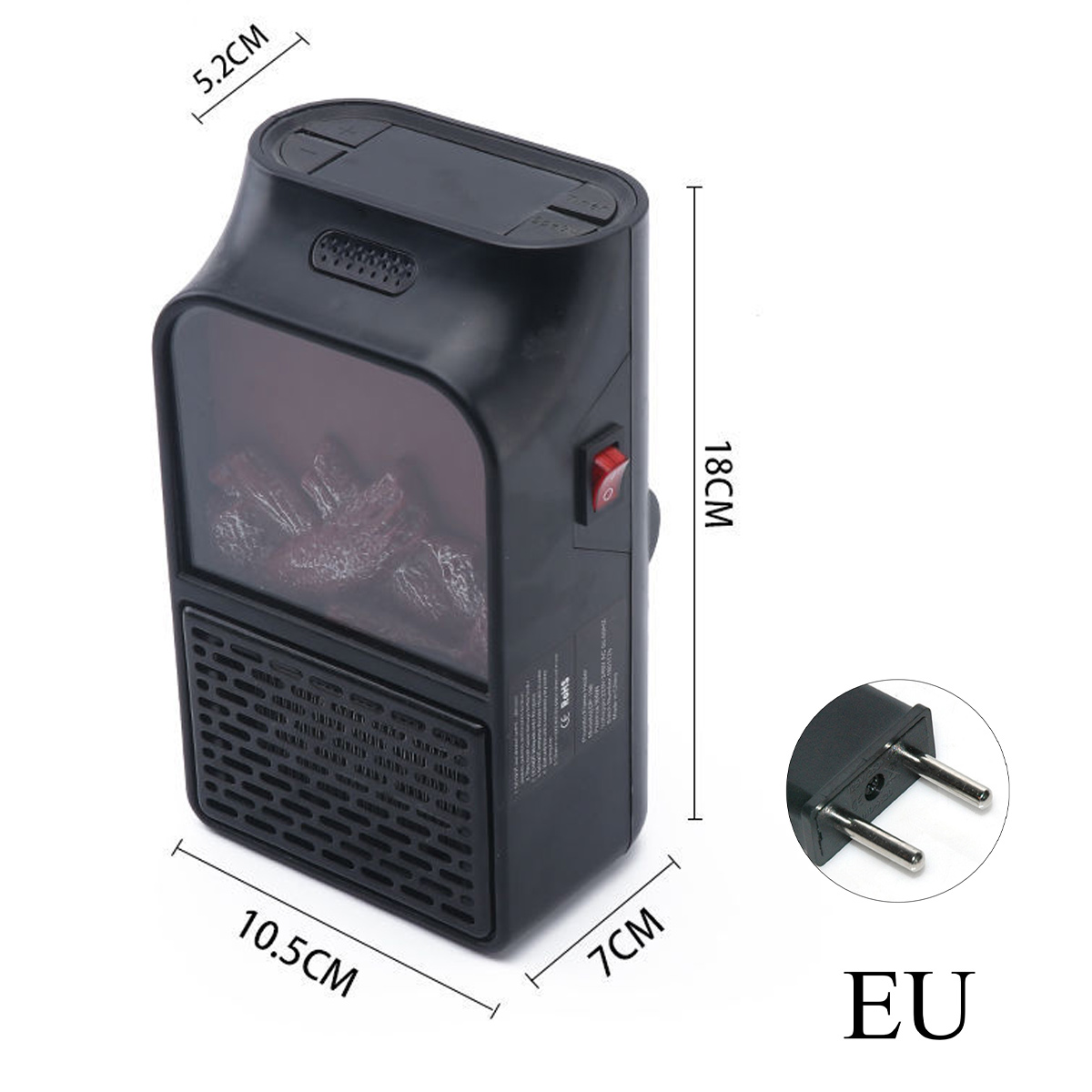 Schwarzer Mini-Heizlüfter mit simuliertem Kaminfeuer, Maßen und EU-Stecker.