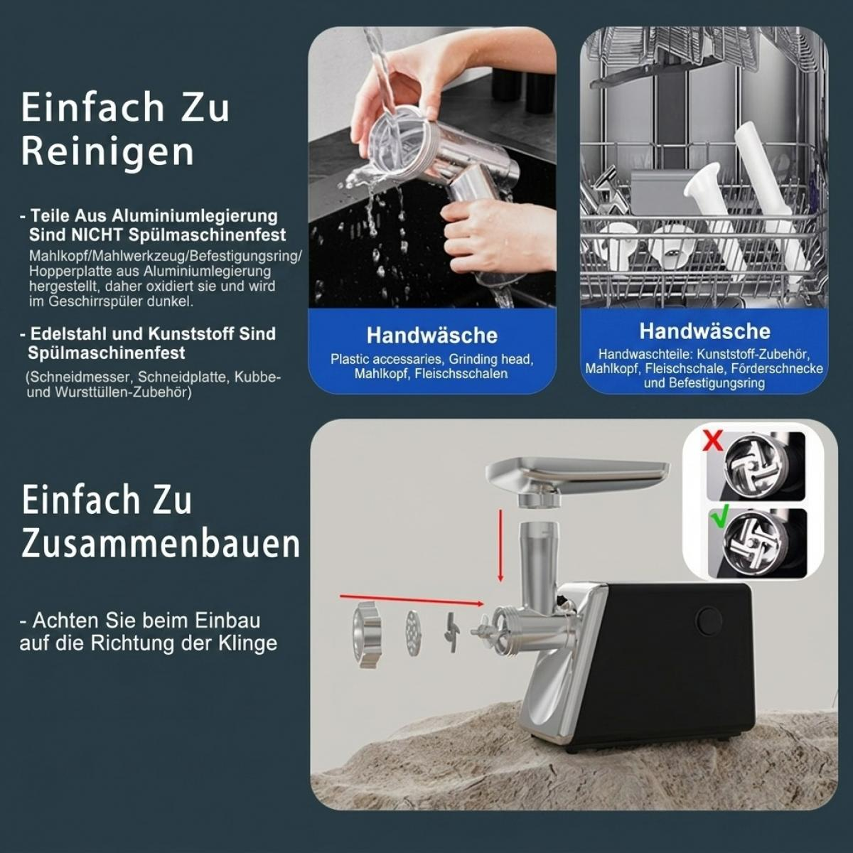 Eine Anleitung zum Reinigen und Zusammenbauen eines Fleischwolfs mit deutschen Texten.