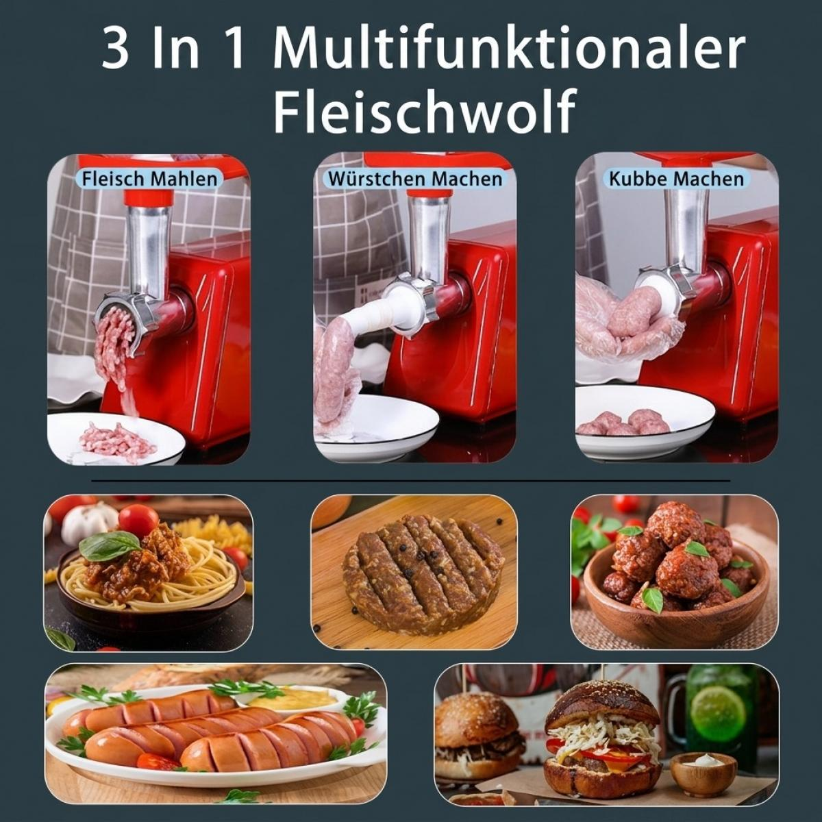 Ein roter Fleischwolf in Aktion zeigt verschiedene Funktionen und fertige Gerichte wie Pasta, Burger und Würstchen.