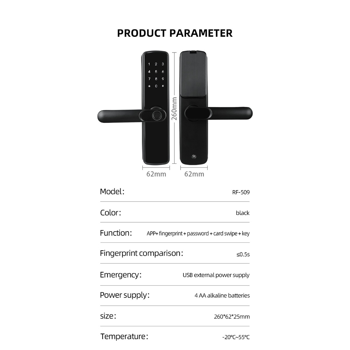 Diagramm zeigt Abmessungen und technische Daten eines schwarzen smarten Türschlosses, Modell RF-509.