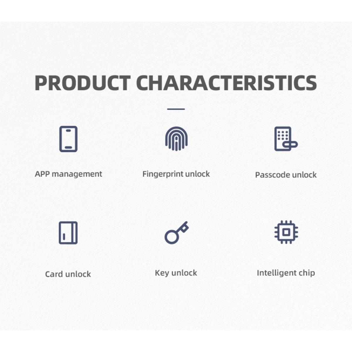 Produktmerkmale zeigen Symbole für App, Fingerabdruck, Code, Karte, Schlüssel und Chip.