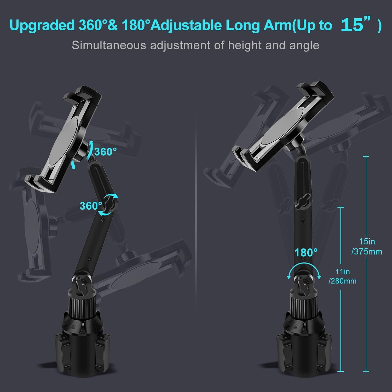Verstellbarer 360- und 180-Grad-Langarm-Halter, bis zu 15 Zoll ausziehbar.