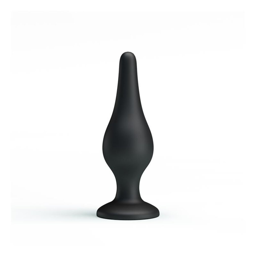 Ein glatter, schwarzer Buttplug mit verjüngter Spitze und flacher Basis steht vor weißem Hintergrund.