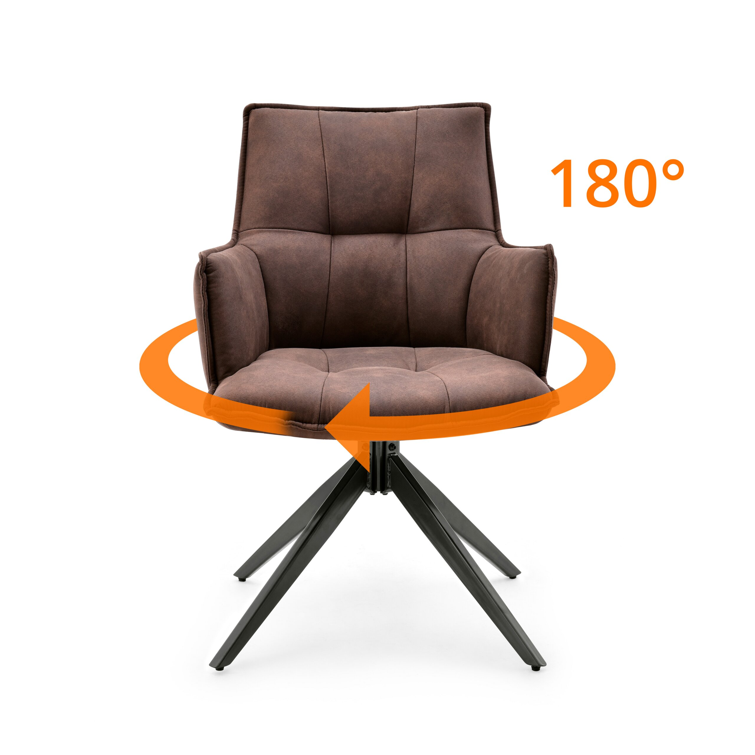Brauner Polstersessel mit schwarzen Metallbeinen und einem orangen 180-Grad-Drehpfeil auf weißem Hintergrund.