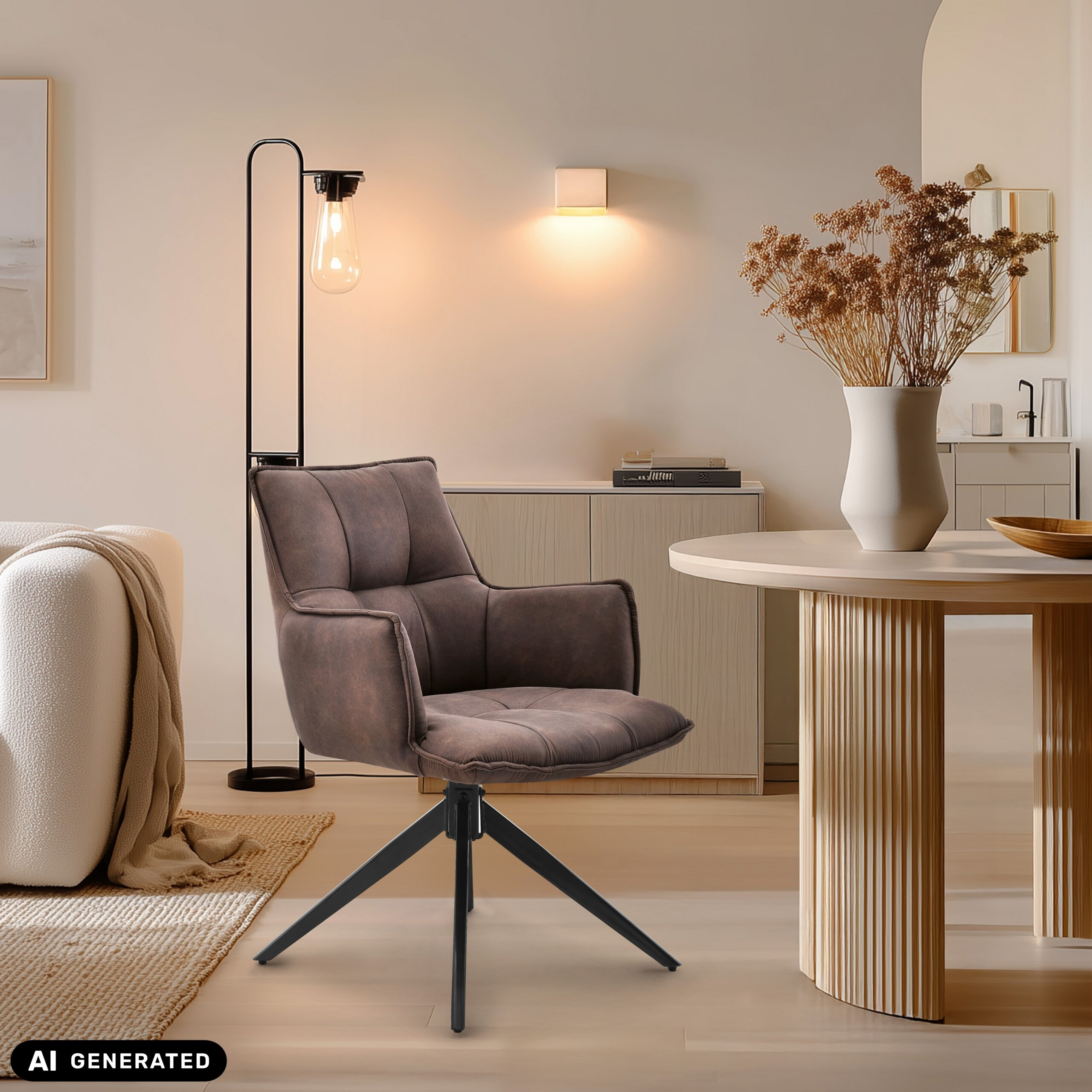 Ein brauner Sessel mit schwarzen Beinen steht in einem hellen, modernen Wohnzimmer mit Esstisch und Stehlampe.
