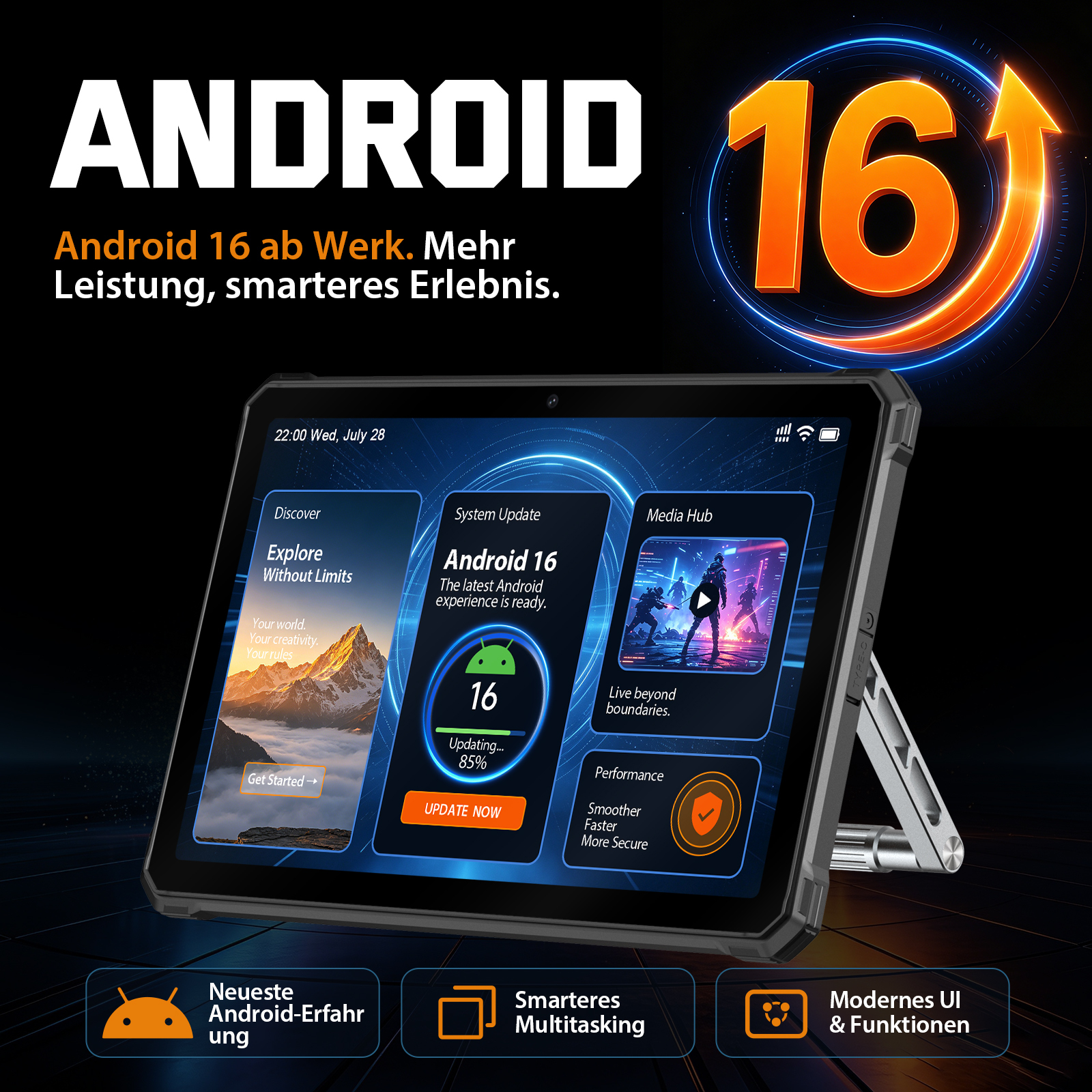 Ein Tablet mit Android 16-Software und UI auf einem dunklen Hintergrund mit orangen Akzenten.