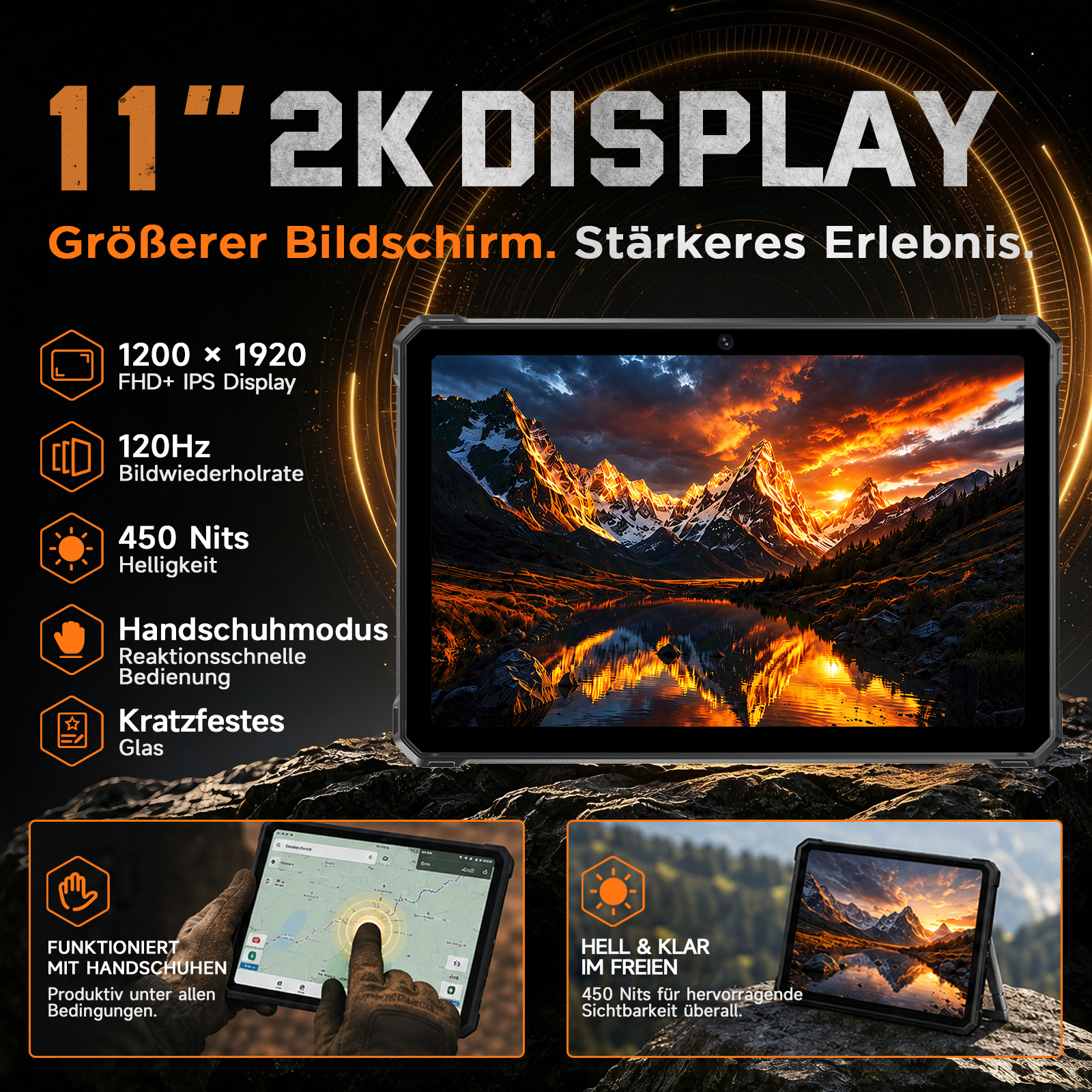 Ein robustes Tablet mit 11-Zoll-Display zeigt eine Berglandschaft und Werbetexte zu Helligkeit und Handschuhbedienung.
