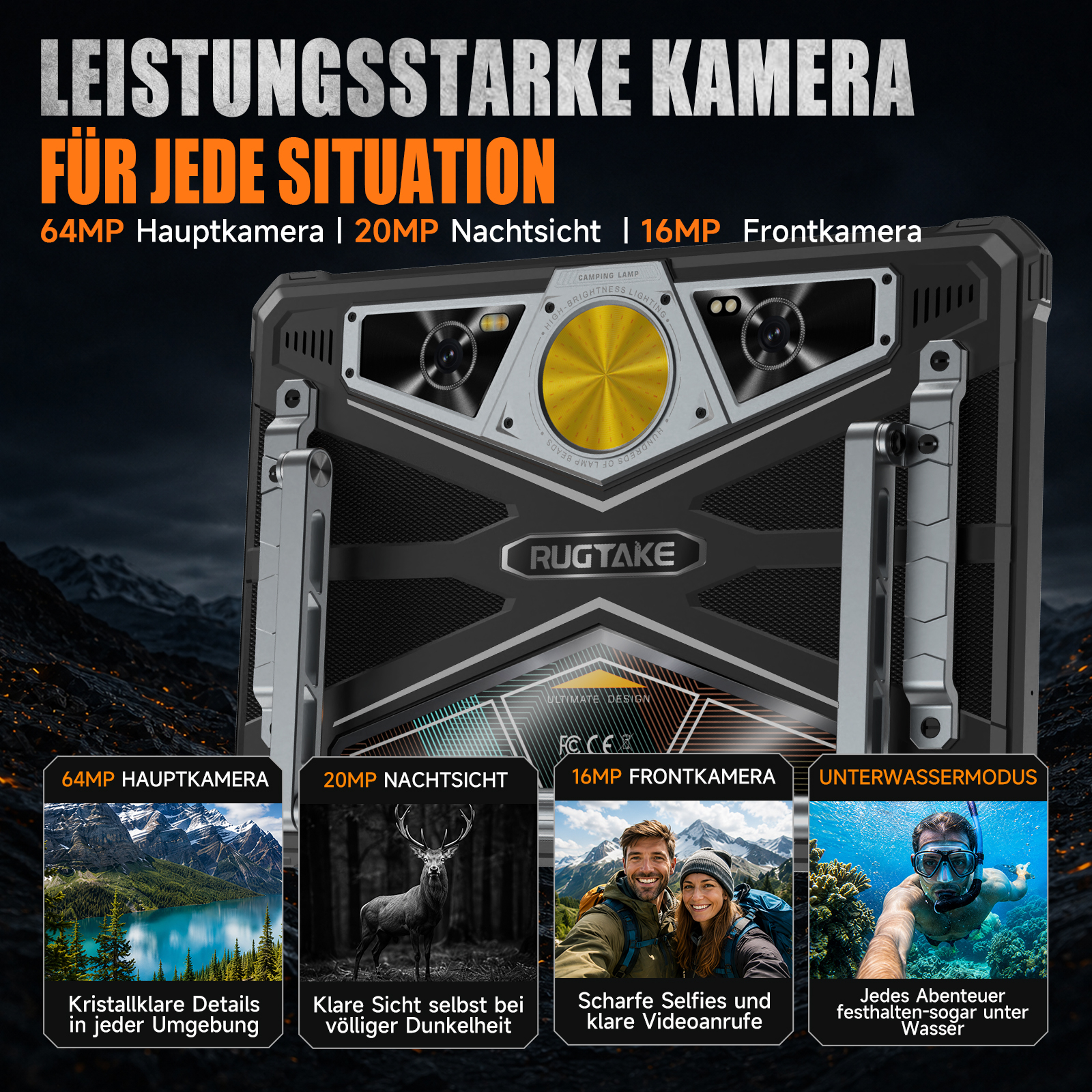 RUGTAKE Outdoor-Handy mit starker Kamera, Nachtsicht und Unterwassermodus vor Bergkulisse.