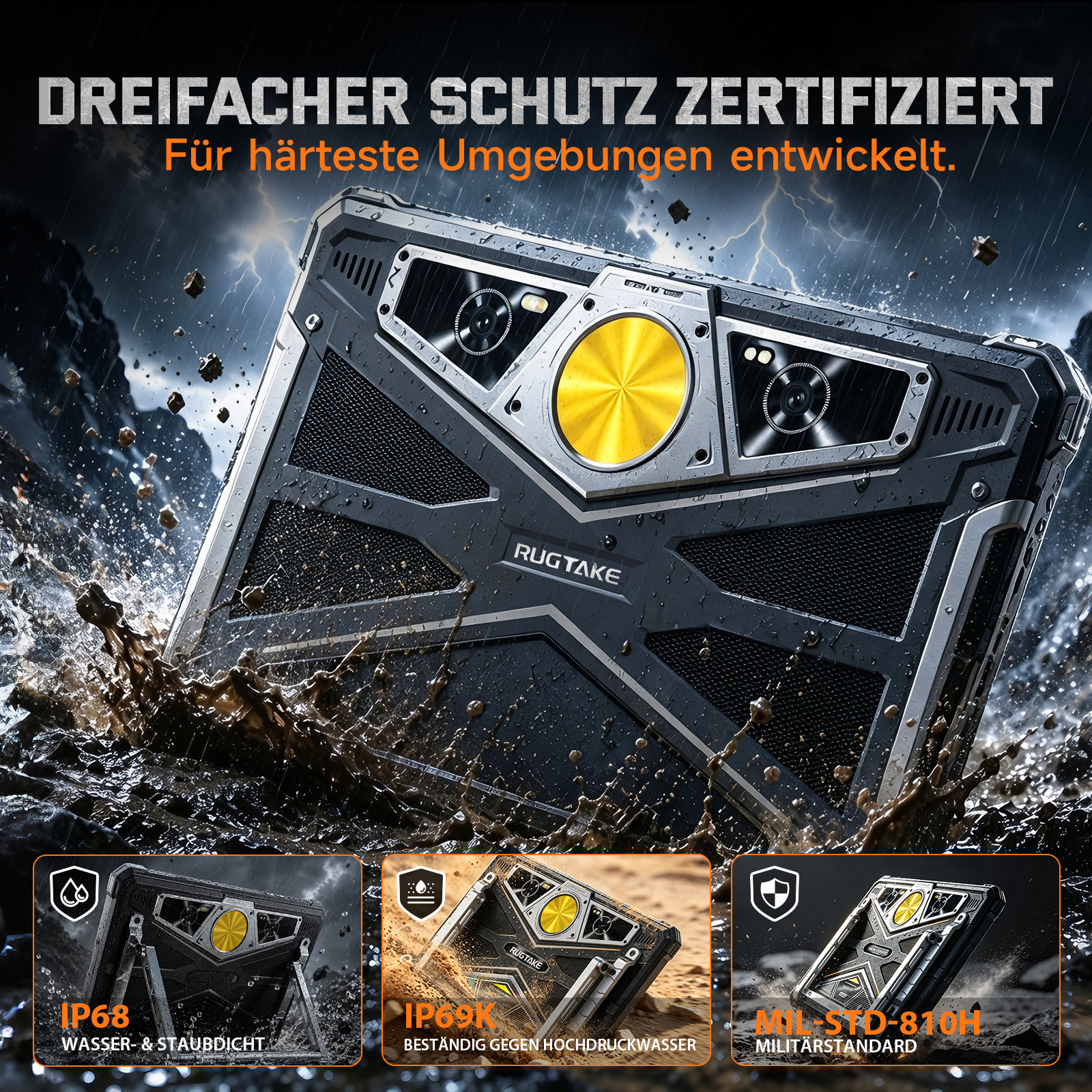 Rugtake Tablet im Schlamm mit IP68, IP69K und MIL-STD-810H Zertifizierung.