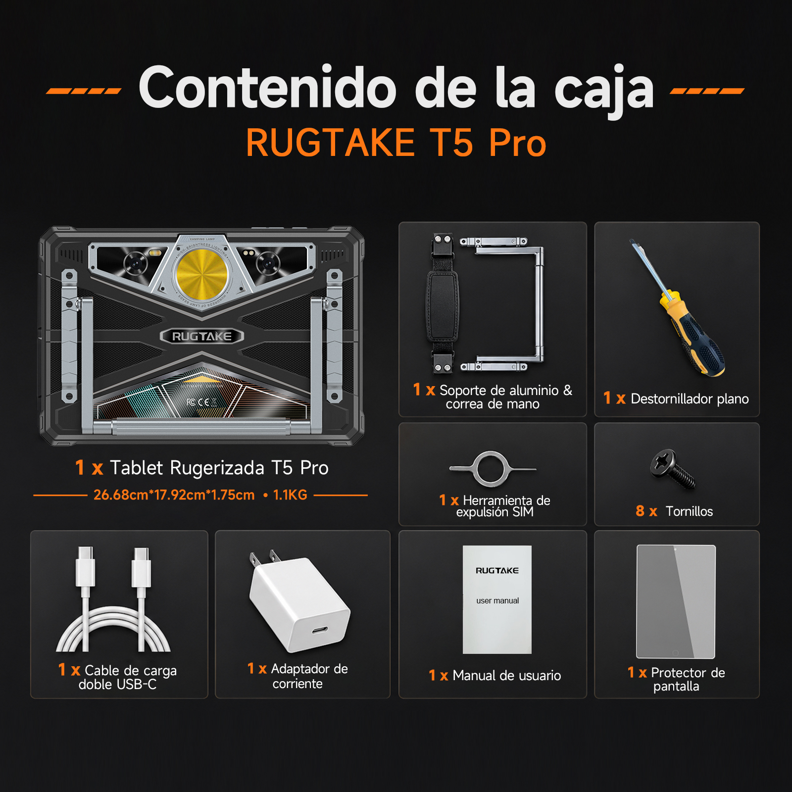 Lieferumfang des Rugtake T5 Pro Tablets inklusive Zubehör wie Kabel, Ladegerät, Werkzeug und Halterung.