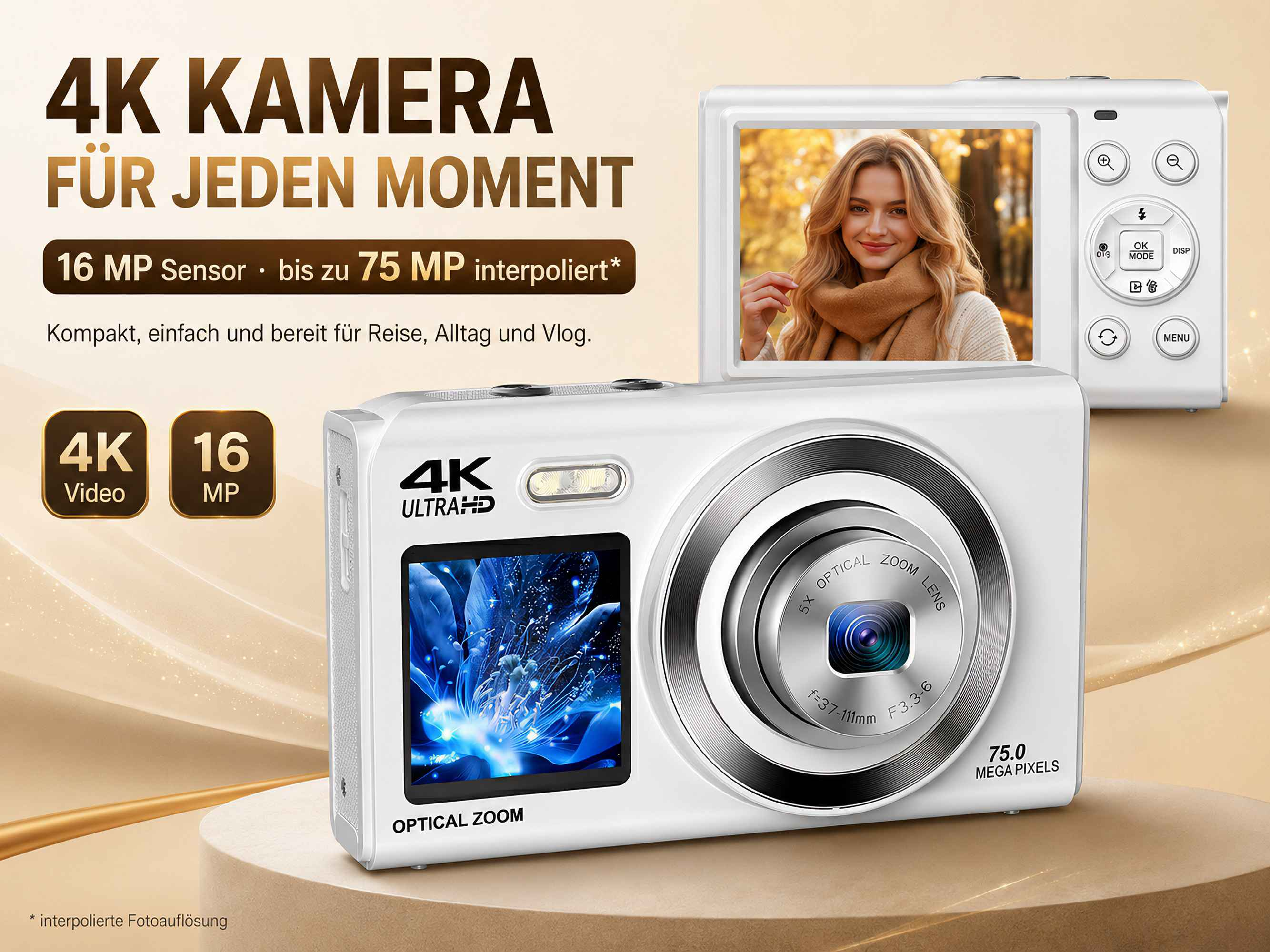 Weiße 4K-Kompaktkamera mit Zoomobjektiv und Bildschirm, der eine blonde Frau und blaue Blumen zeigt.