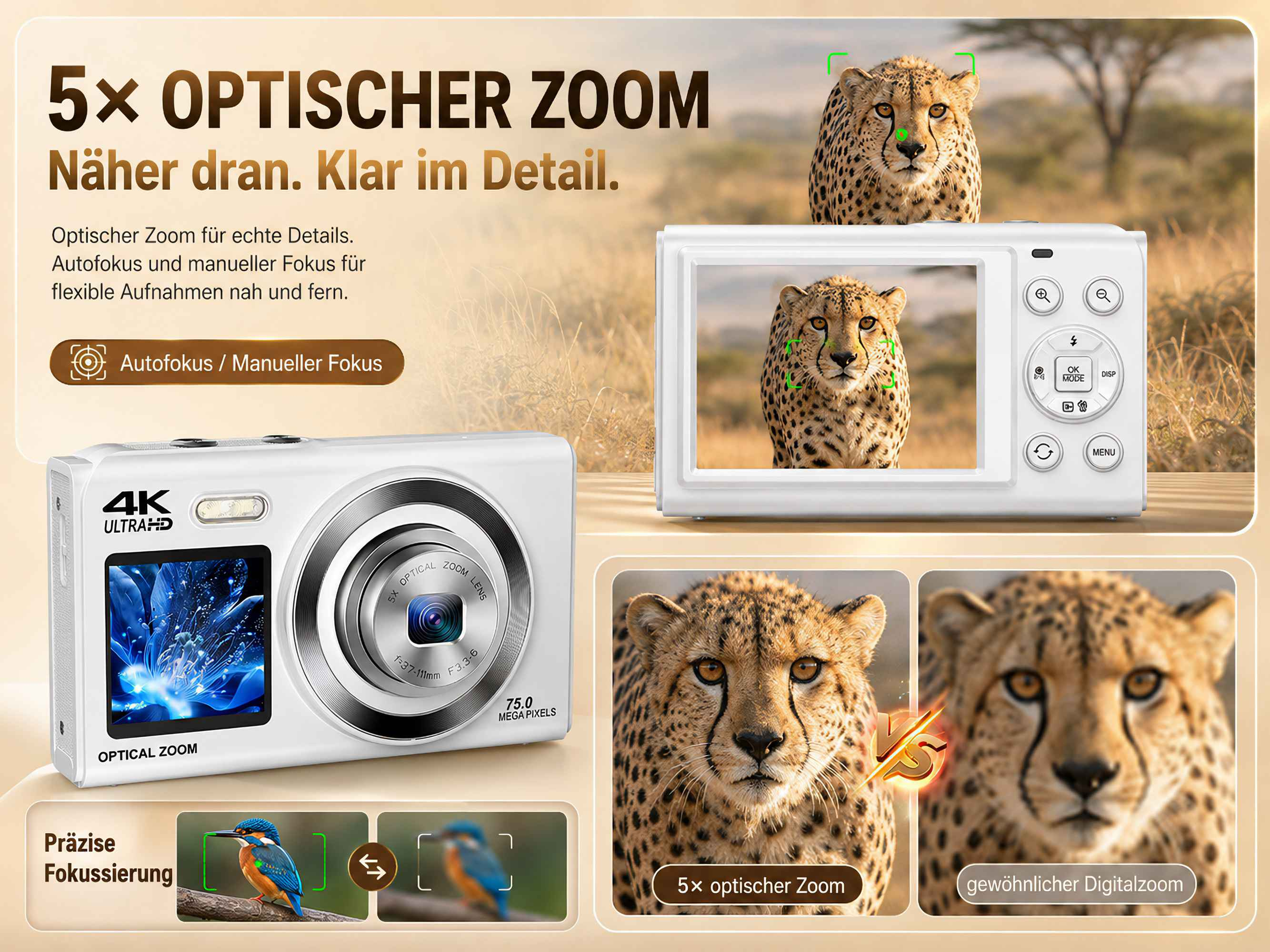 Eine weiße Digitalkamera zeigt 5-fachen optischen Zoom mit scharfen Gepardenfotos.