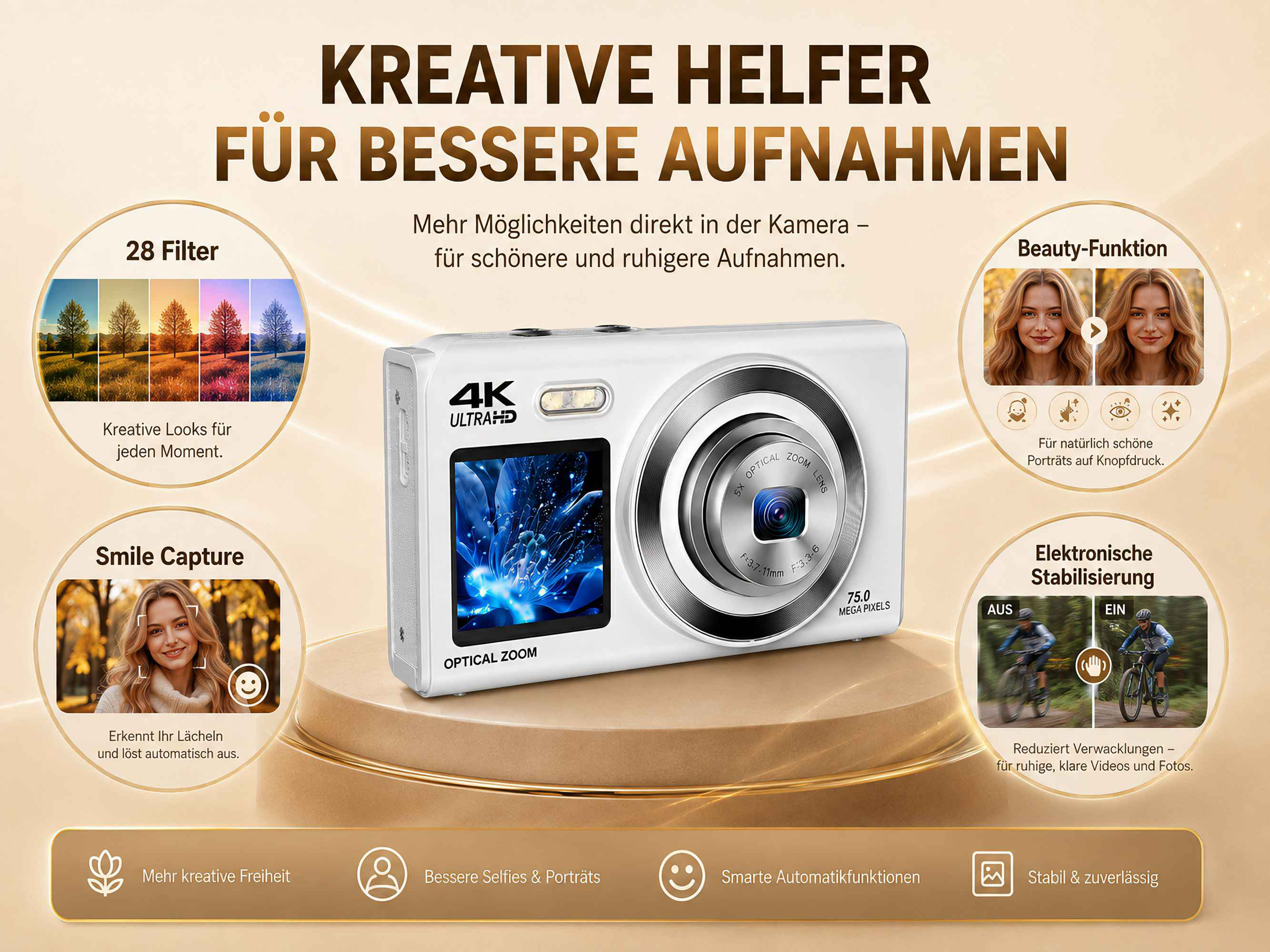 Werbebild für eine weiße 4K-Digitalkamera mit verschiedenen Funktionskreisen und Text auf goldenem Hintergrund.