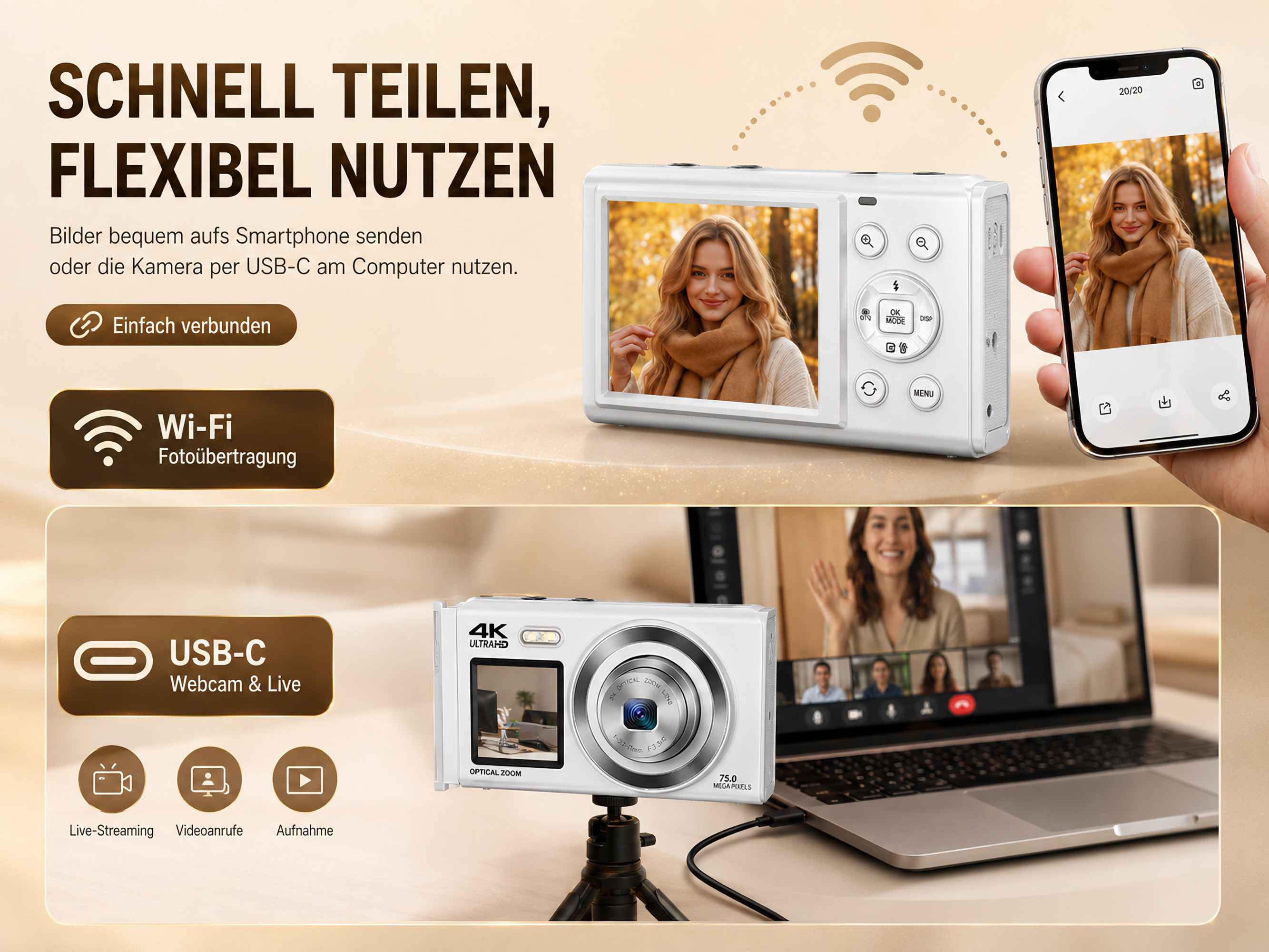 Weiße Digitalkamera mit WLAN und USB-C, verbunden mit Smartphone und Laptop für Live-Streaming.