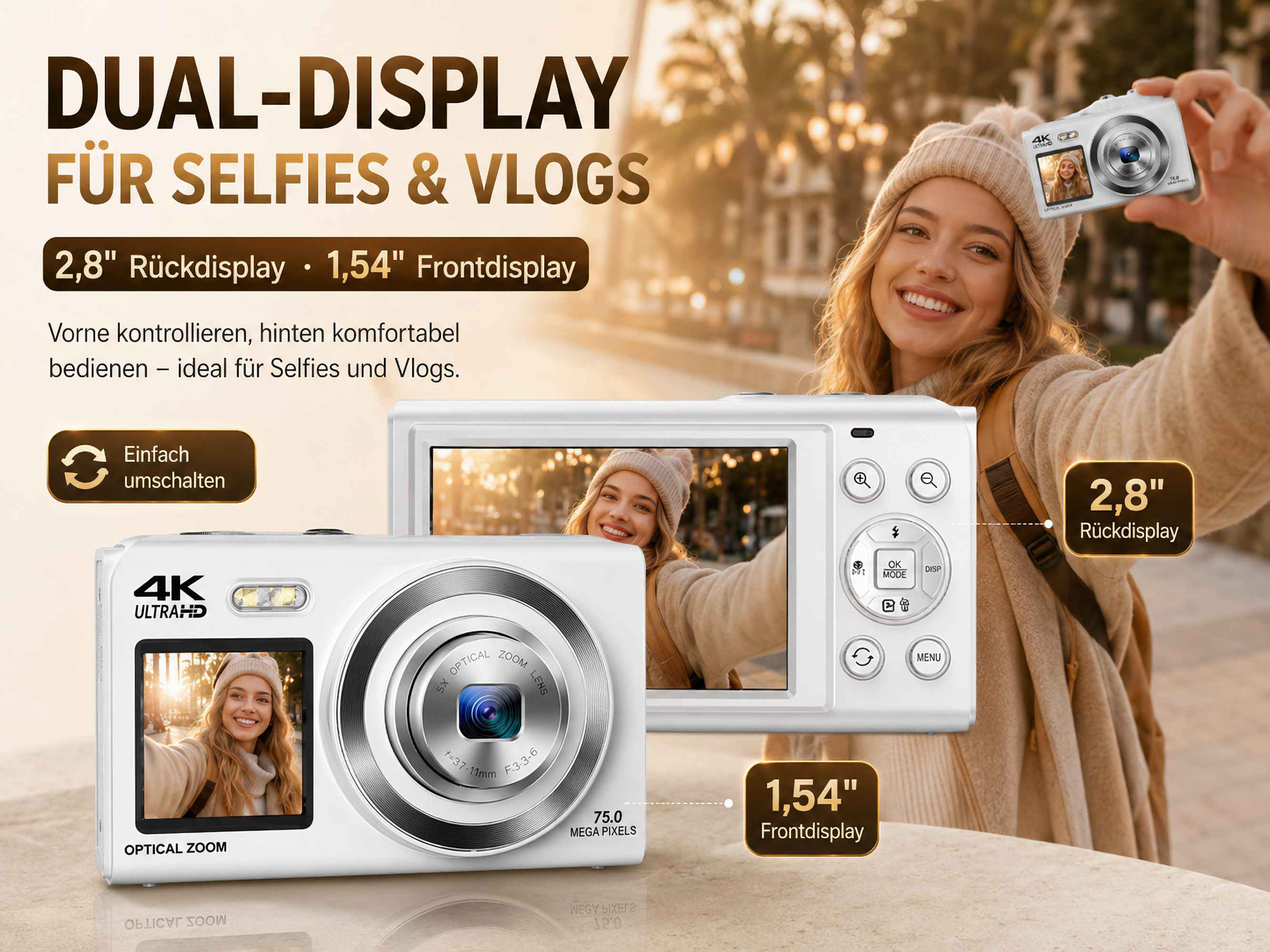 Eine blonde Frau im Winteroutfit posiert mit einer weißen Digitalkamera, die zwei Displays für Selfies hat.