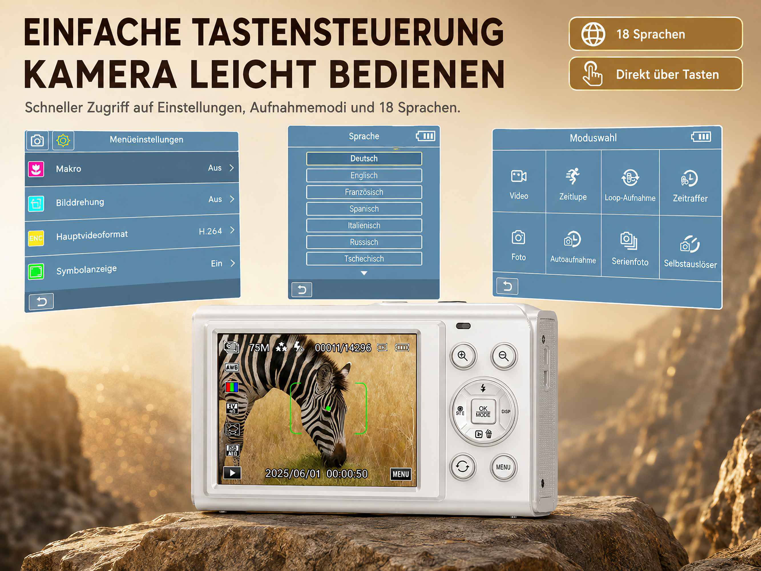 Weiße Digitalkamera auf Felsen, darüber Menü- und Spracheinstellungs-Grafiken vor Bergkulisse.