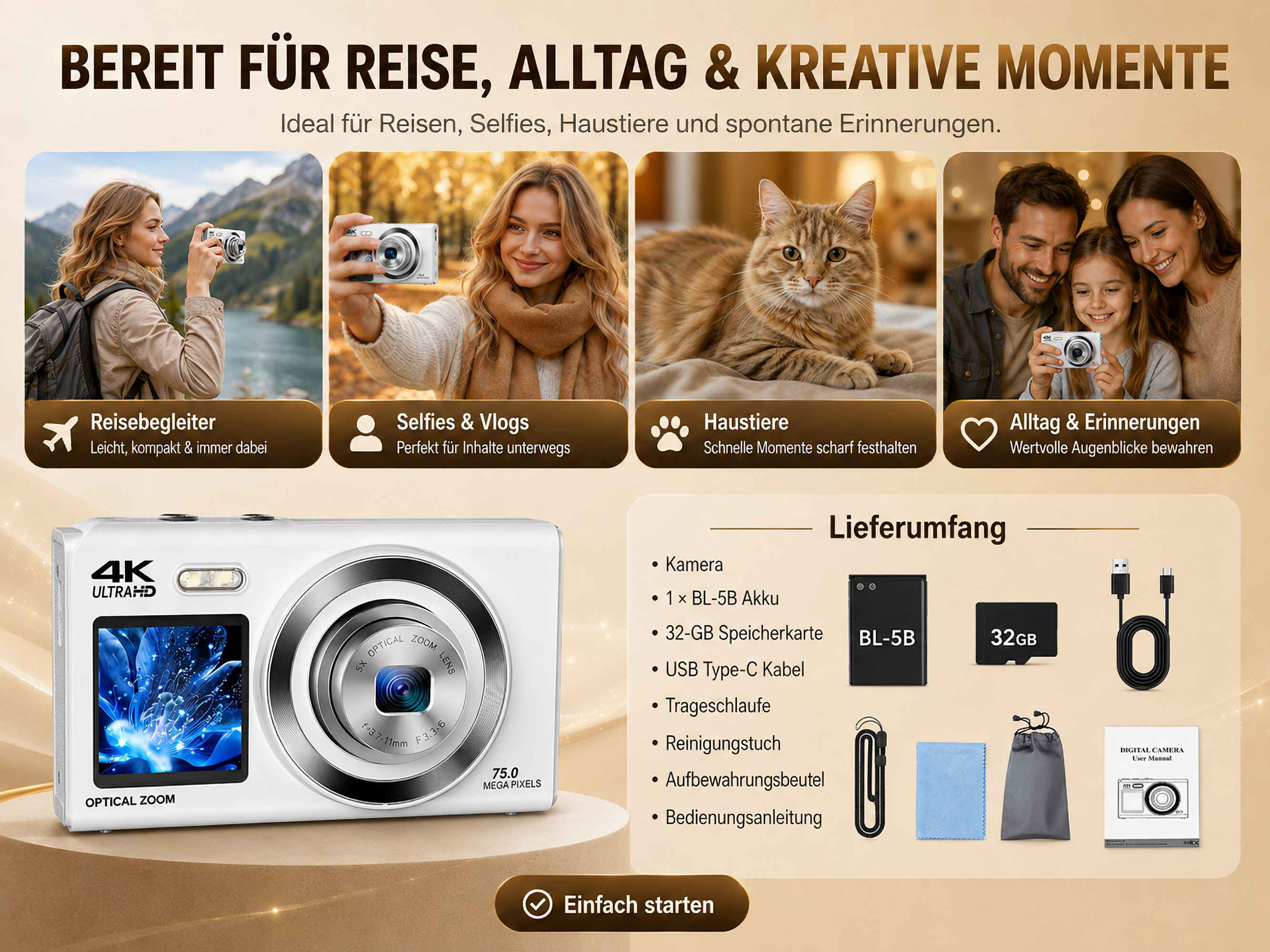 Werbebild einer weißen 4K-Digitalkamera mit Zubehör wie Akku, Speicherkarte und Kabel sowie Anwendungsbeispielen.
