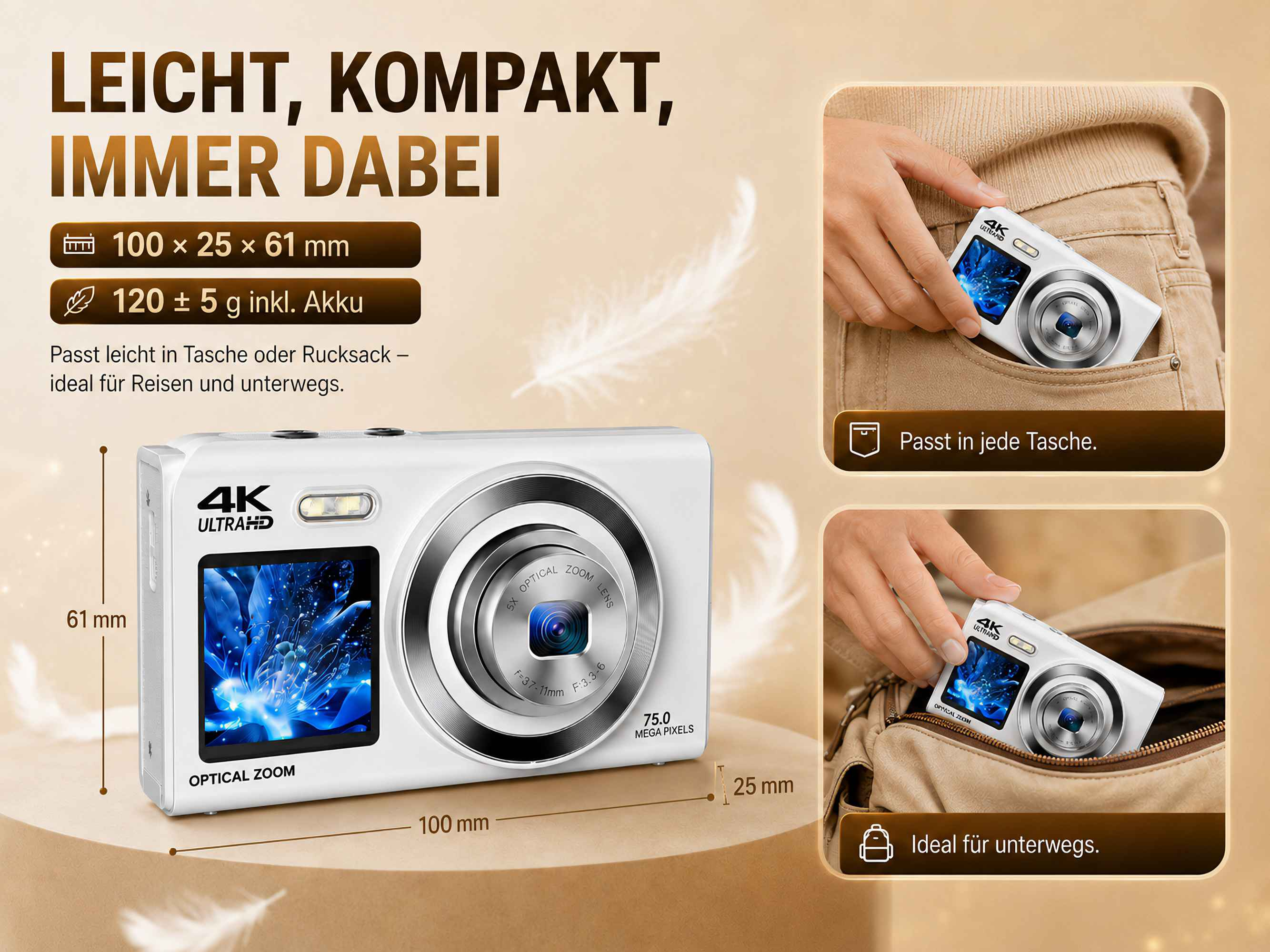 Kompakte weiße 4K-Kamera, leicht und ideal für Reisen, mit Maßangaben und Händen, die sie in Taschen stecken.
