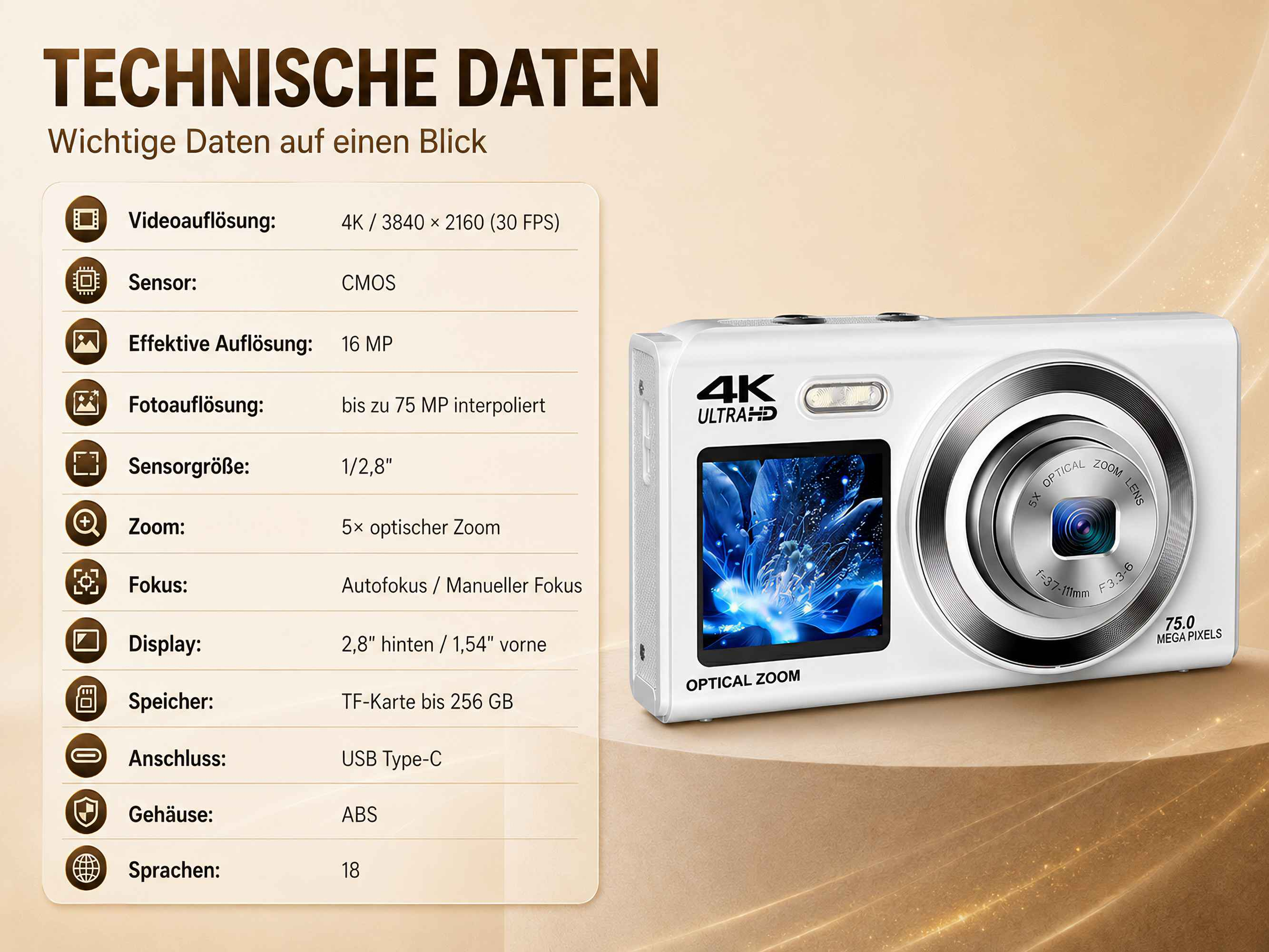 Technische Daten und eine weiße Digitalkamera mit 4K-Auflösung und optischem Zoom auf goldenem Hintergrund.