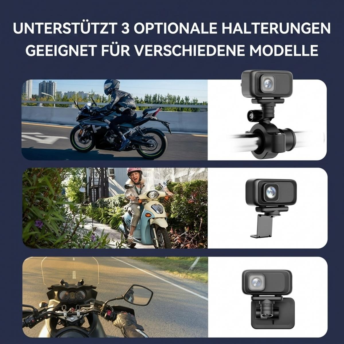 Verschiedene Motorräder und Roller mit drei verschiedenen schwarzen Kamerahalterungen.