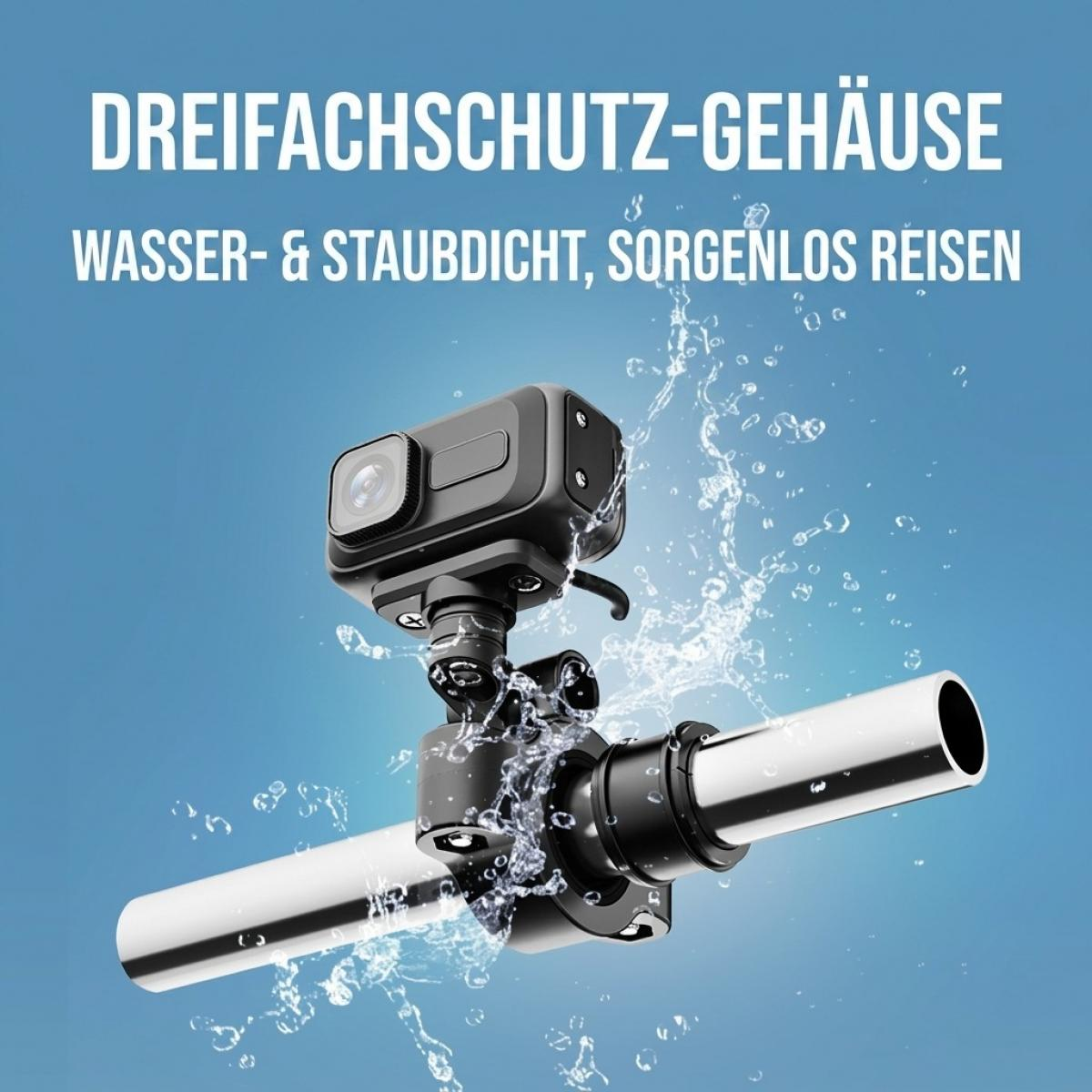 Wasserdichtes Kameragehäuse an einer Lenkstange mit Spritzwasser.