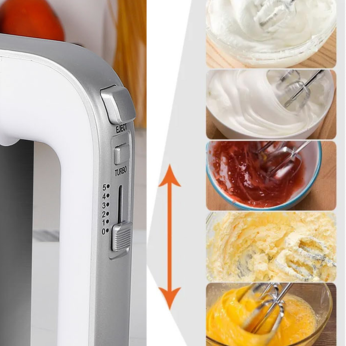 Ein weiß-silberner Handmixer mit Geschwindigkeitsreglern, daneben fünf Bilder, die das Mixen von Lebensmitteln zeigen.