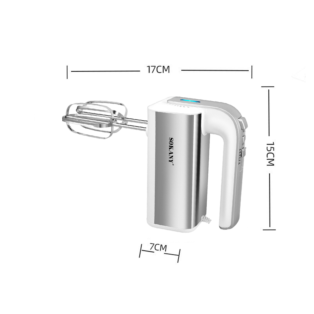 Ein silberner Sokany Handmixer mit zwei Rührbesen und Maßangaben in Zentimetern auf weißem Hintergrund.