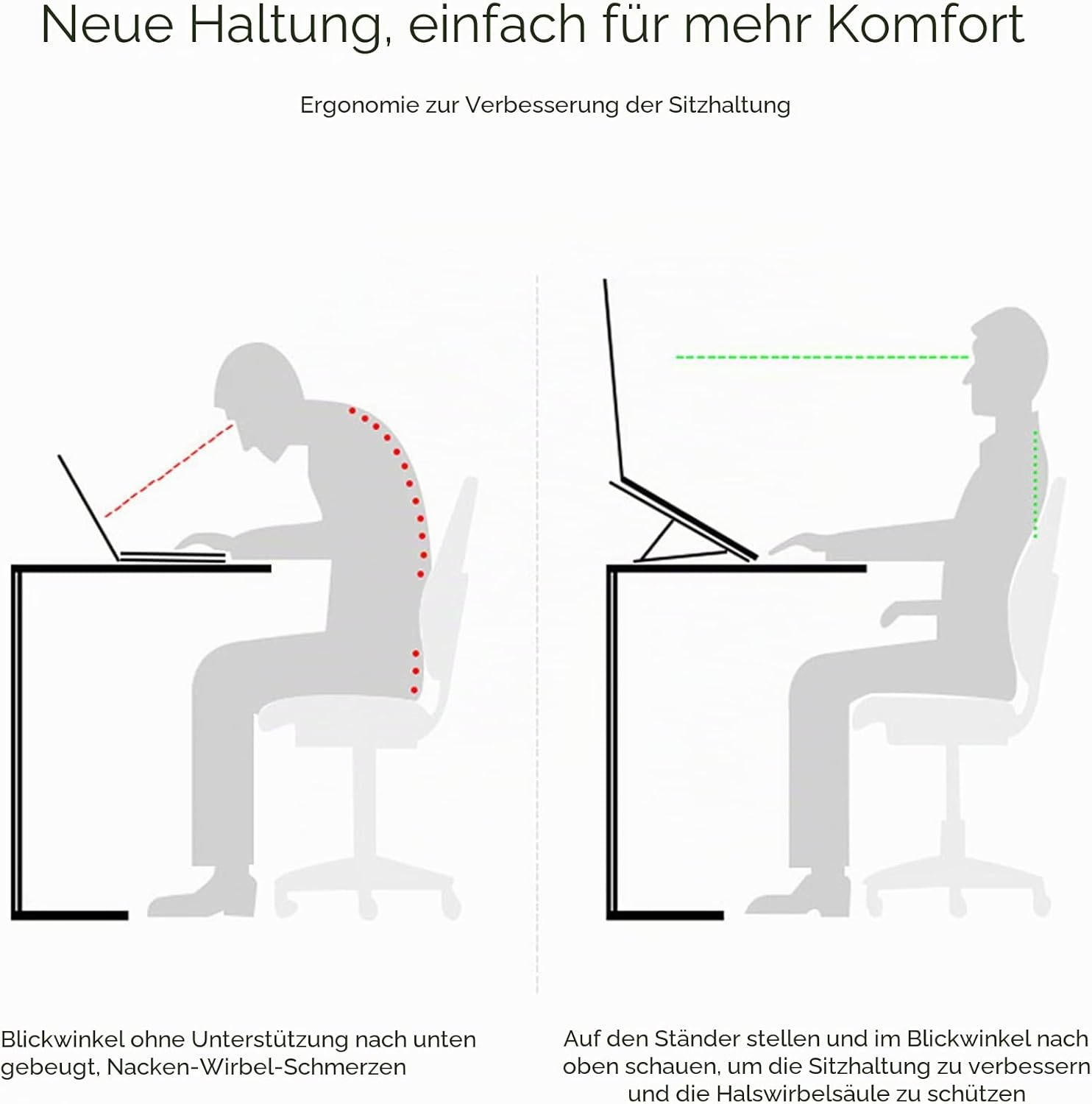 Vergleich von falscher und richtiger Haltung bei der Arbeit am Laptop mit ergonomischem Ständer.