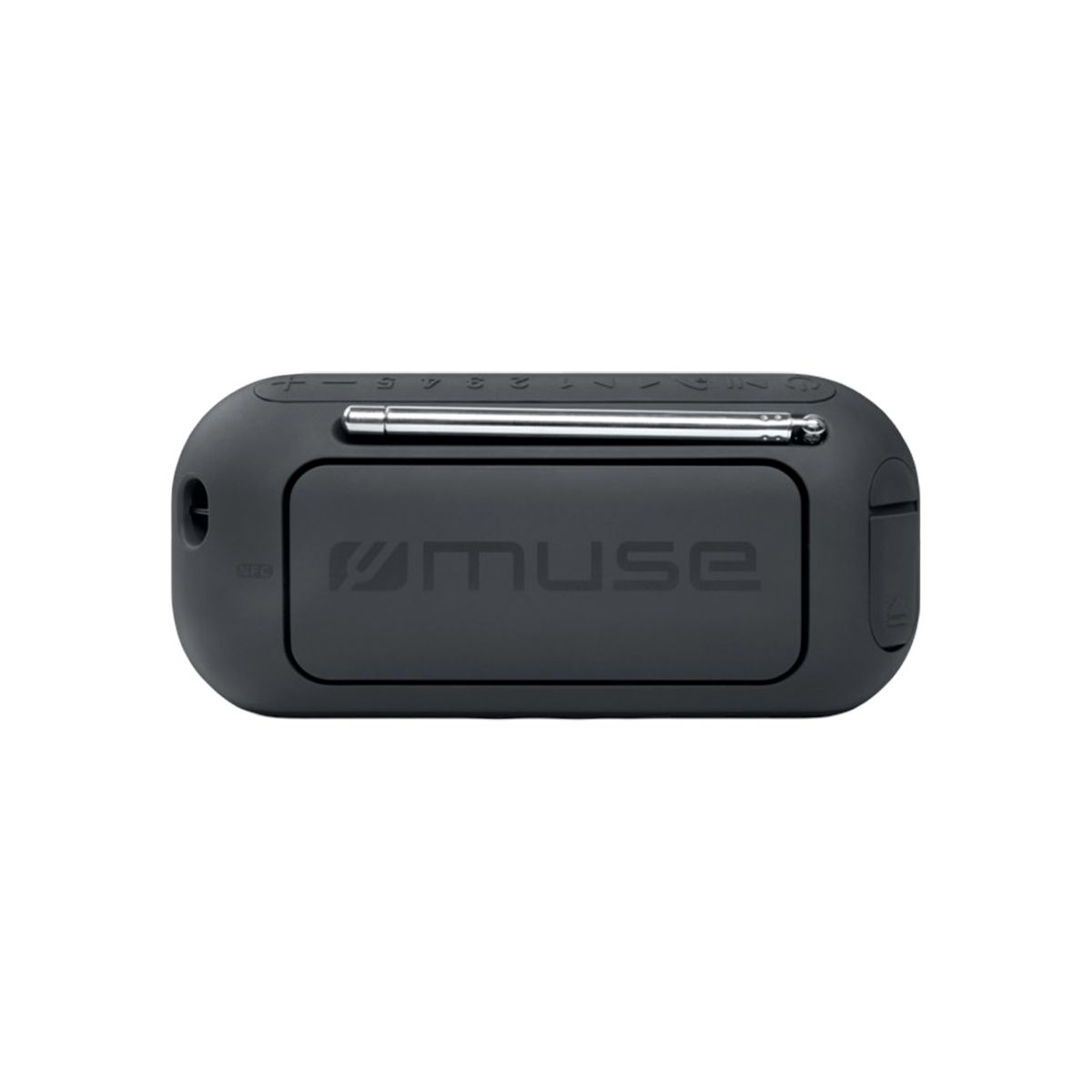 Ein schwarzer Muse-Bluetooth-Lautsprecher mit Antenne auf weißem Hintergrund.