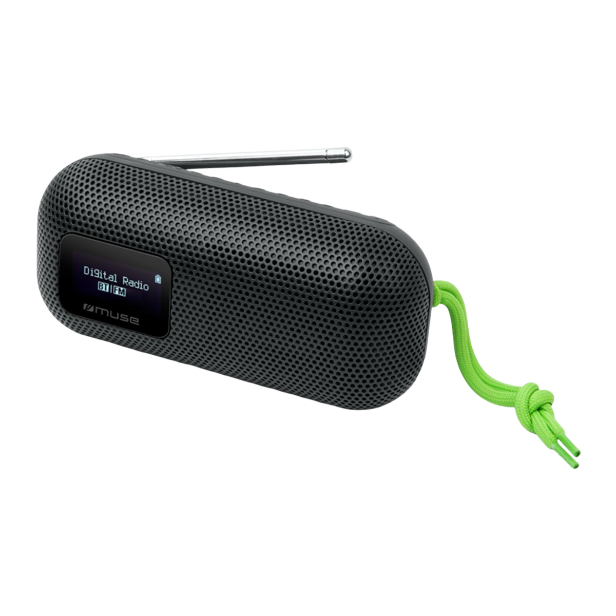 Ein schwarzes tragbares Digitalradio mit Antenne und grüne Umhängeband auf weißem Hintergrund.