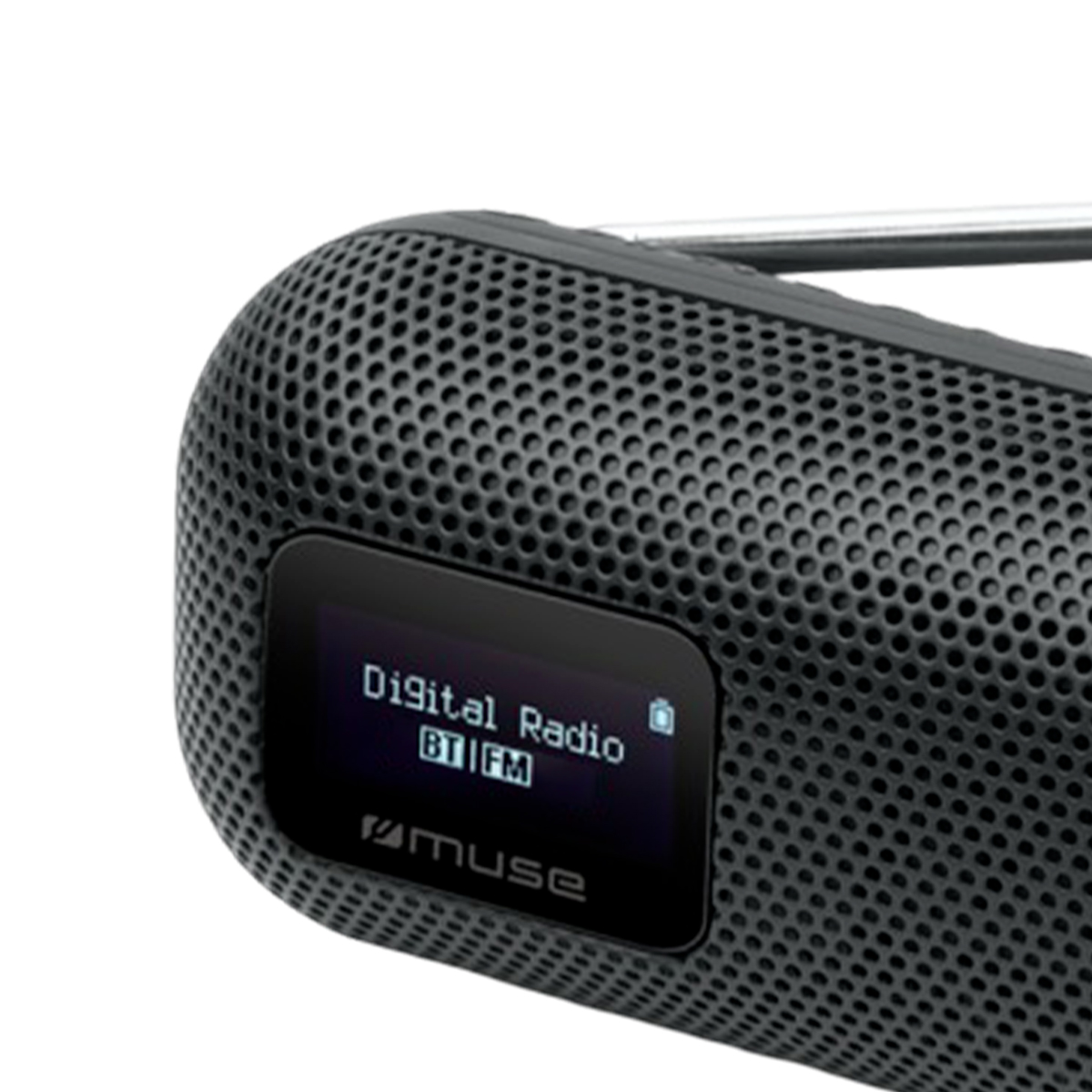 Schwarzes Digitalradio mit Mesh-Gitter und beleuchtetem Display mit der Aufschrift Muse.