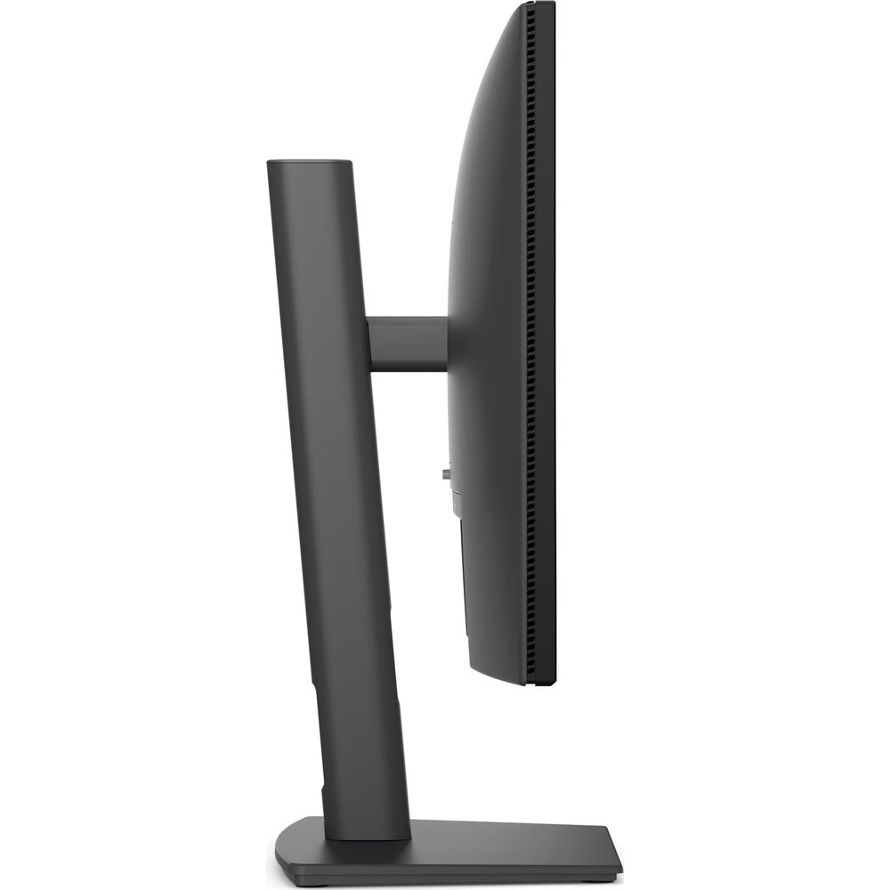 Vista laterale di un moderno monitor per computer nero con supporto regolabile.
