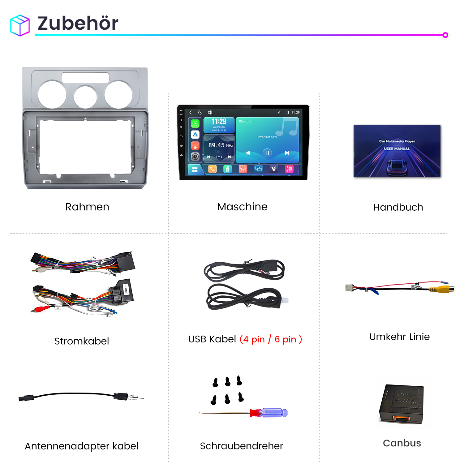 Übersicht des Autozubehörs mit Rahmen, Display, Handbuch, Kabeln, Schraubendreher und Canbus auf weißem Hintergrund.