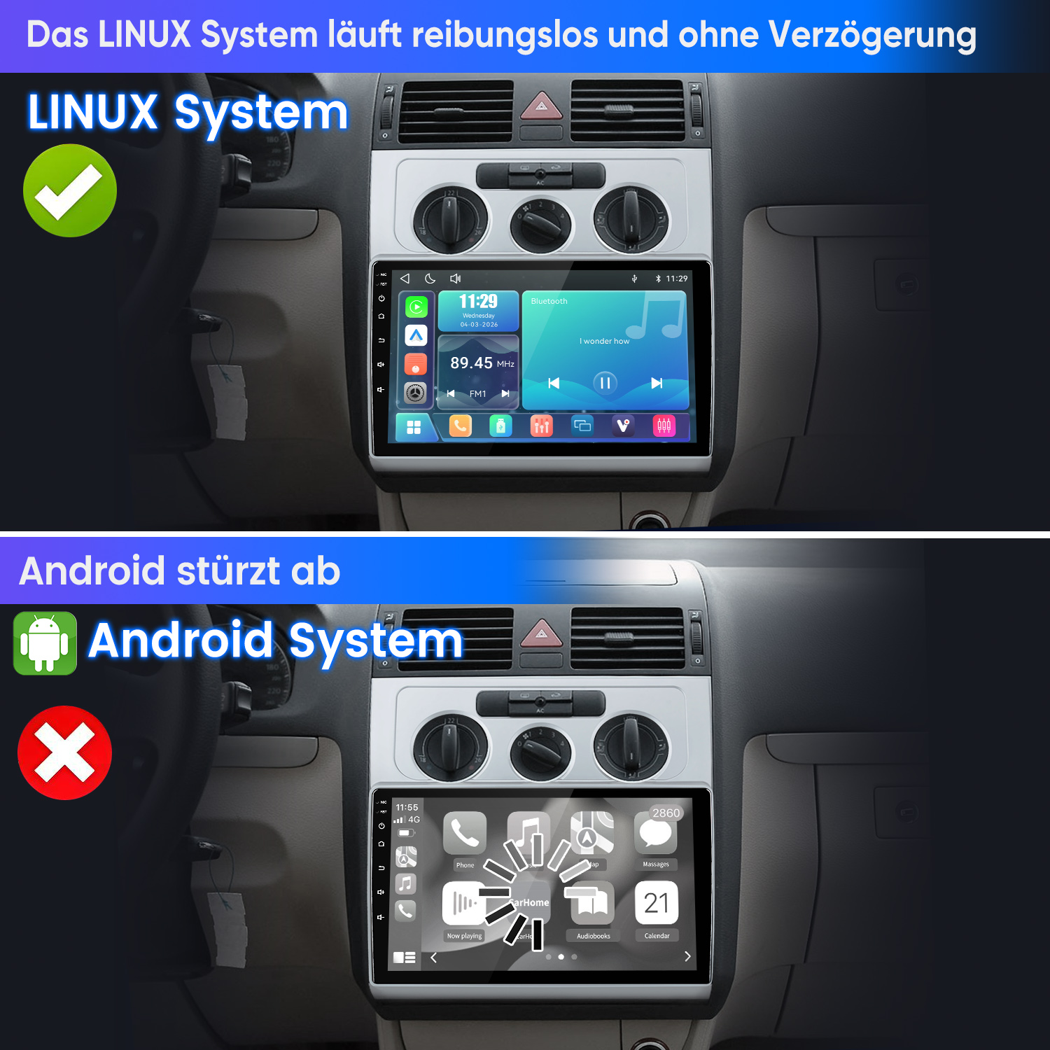 Vergleich zweier Auto-Displays: Linux läuft reibungslos, während Android abstürzt.