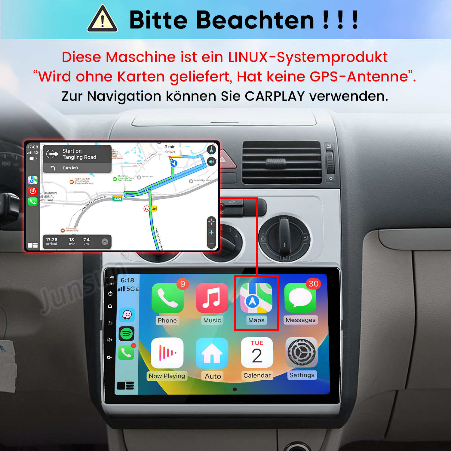 Linux-Autoradio im Armaturenbrett zeigt CarPlay-Navigation und App-Icons.