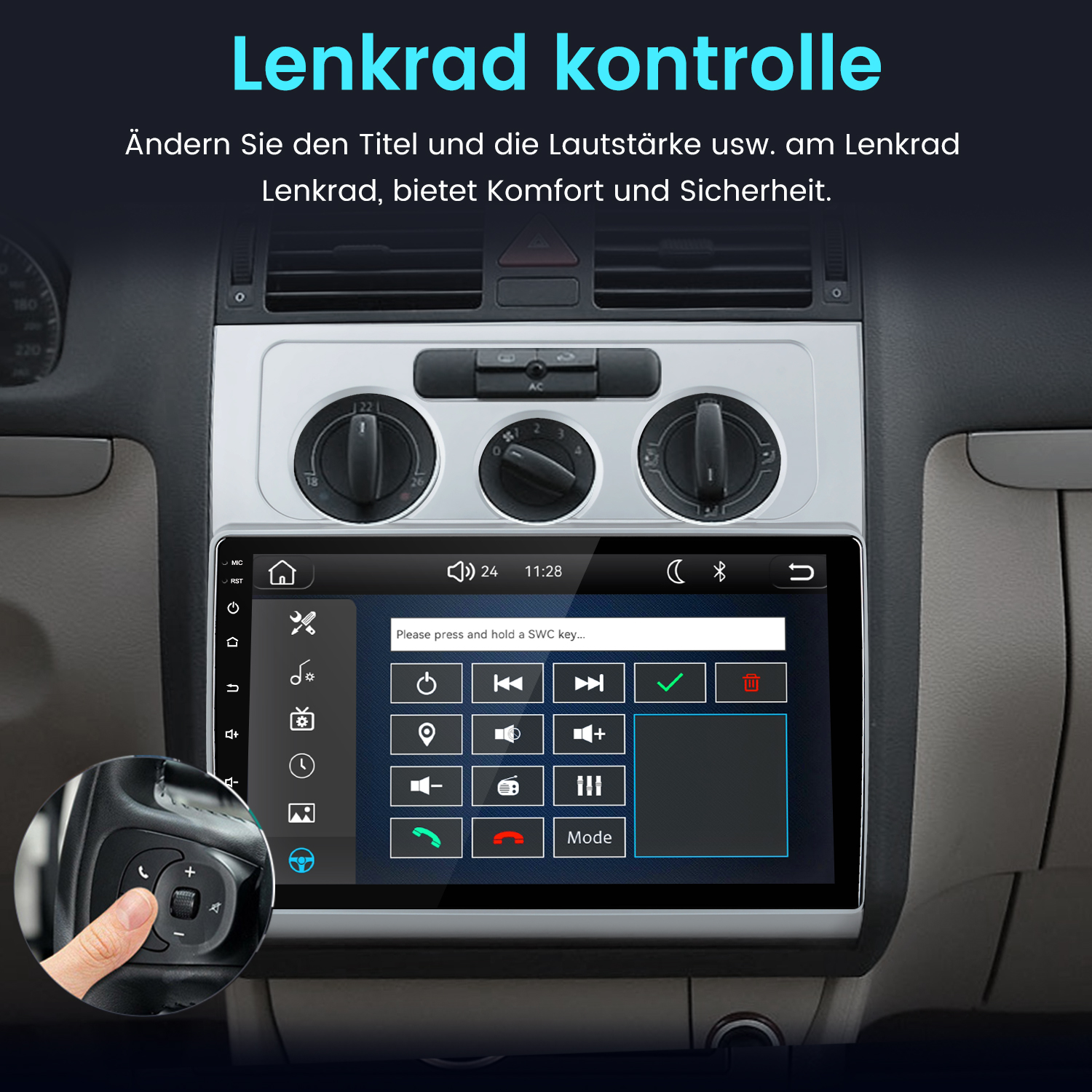 Autobrett mit Multimediadisplay und Lenkradtasten-Einstellungen, ein Finger drückt Lenkradtasten.