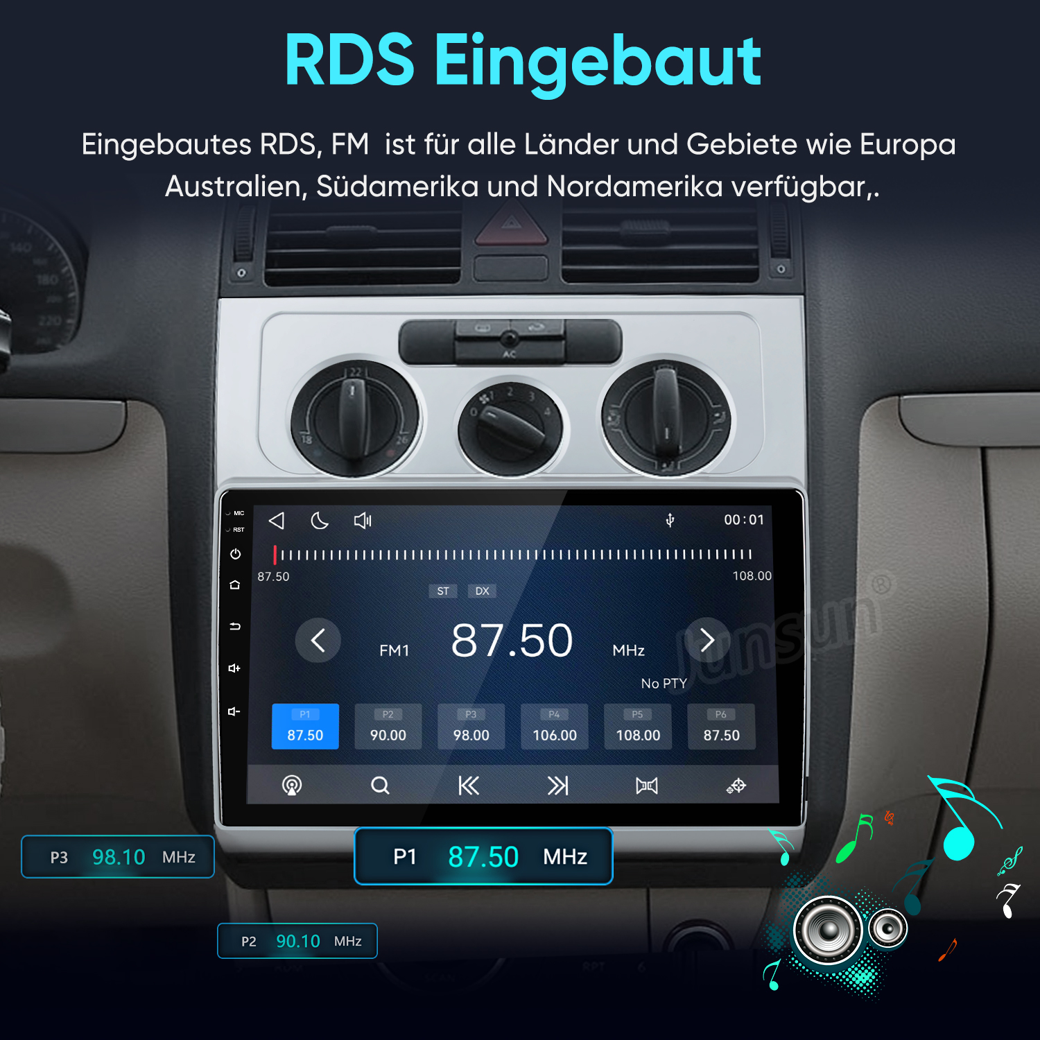 Ein Car-Audio-System im Armaturenbrett zeigt die FM-Radio-Frequenz 87.50 MHz auf dem Touchscreen.