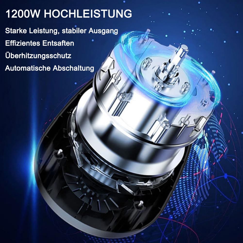 Glänzender 1200W Motor mit blauen Lichteffekten und Text über hocheffizientes Entsaften.