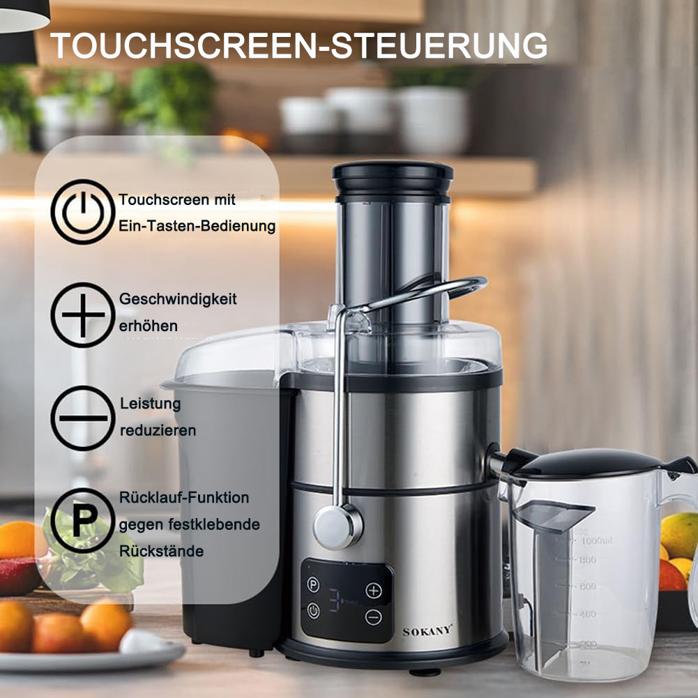 Silberner Sokany Entsafter mit Touchscreen auf einer Küchentheke mit Obst und Saftkrug.