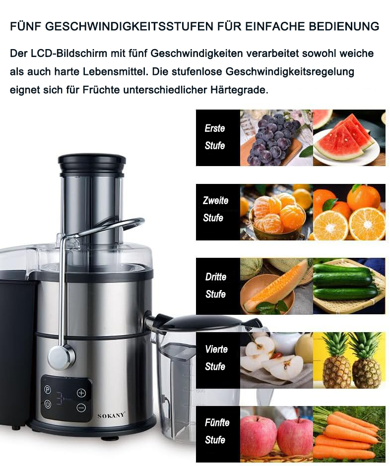 Edelstahl-Entsafter mit fünf Geschwindigkeitsstufen für verschiedene Früchte und Gemüse.