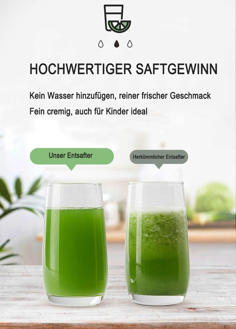 Vergleich von zwei Gläsern mit grünem Saft auf einem Holztisch, beworben als hochwertiger Saft.