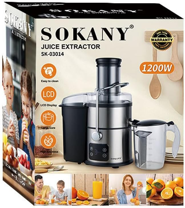 Produktverpackung mit dem Sokany 1200W Entsafter mit Stahlgehäuse, Tresterbehälter und Saftkanne.