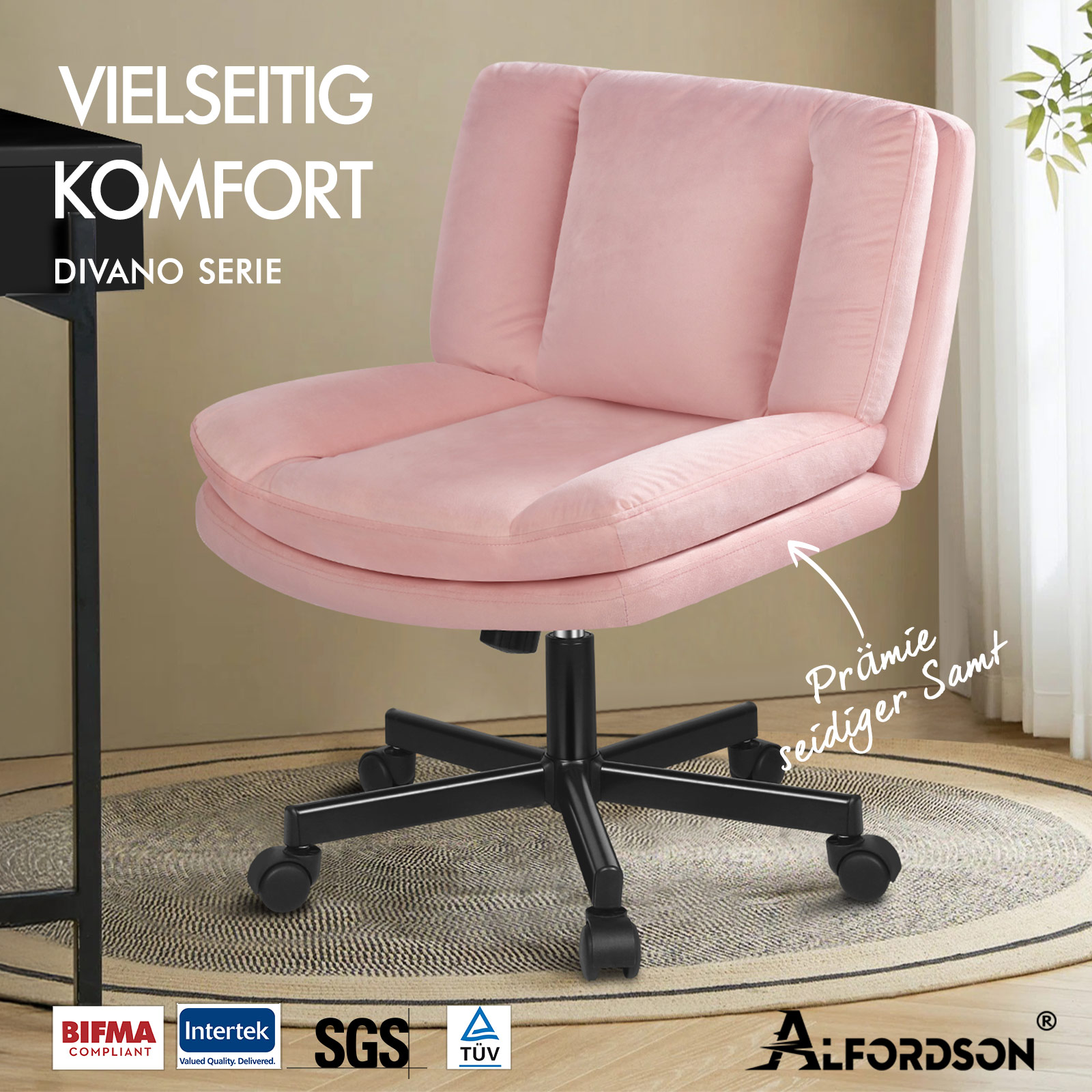 Ein pinkfarbener Samt-Bürostuhl mit schwarzen Rollen steht auf einem runden Teppich.
