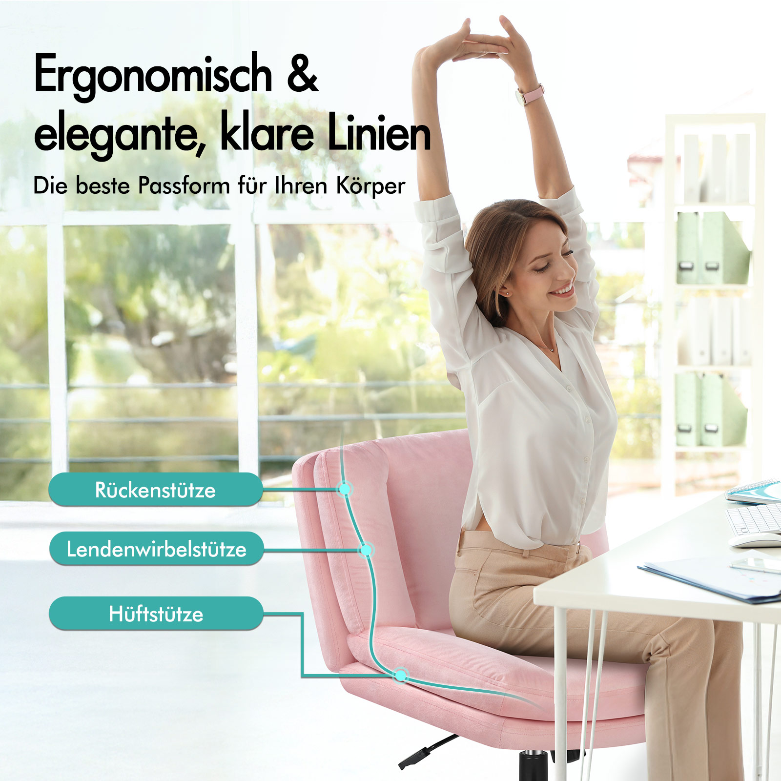 Eine Frau sitzt auf einem rosa Stuhl und streckt sich im Büro mit ergonomischen Hervorhebungen.